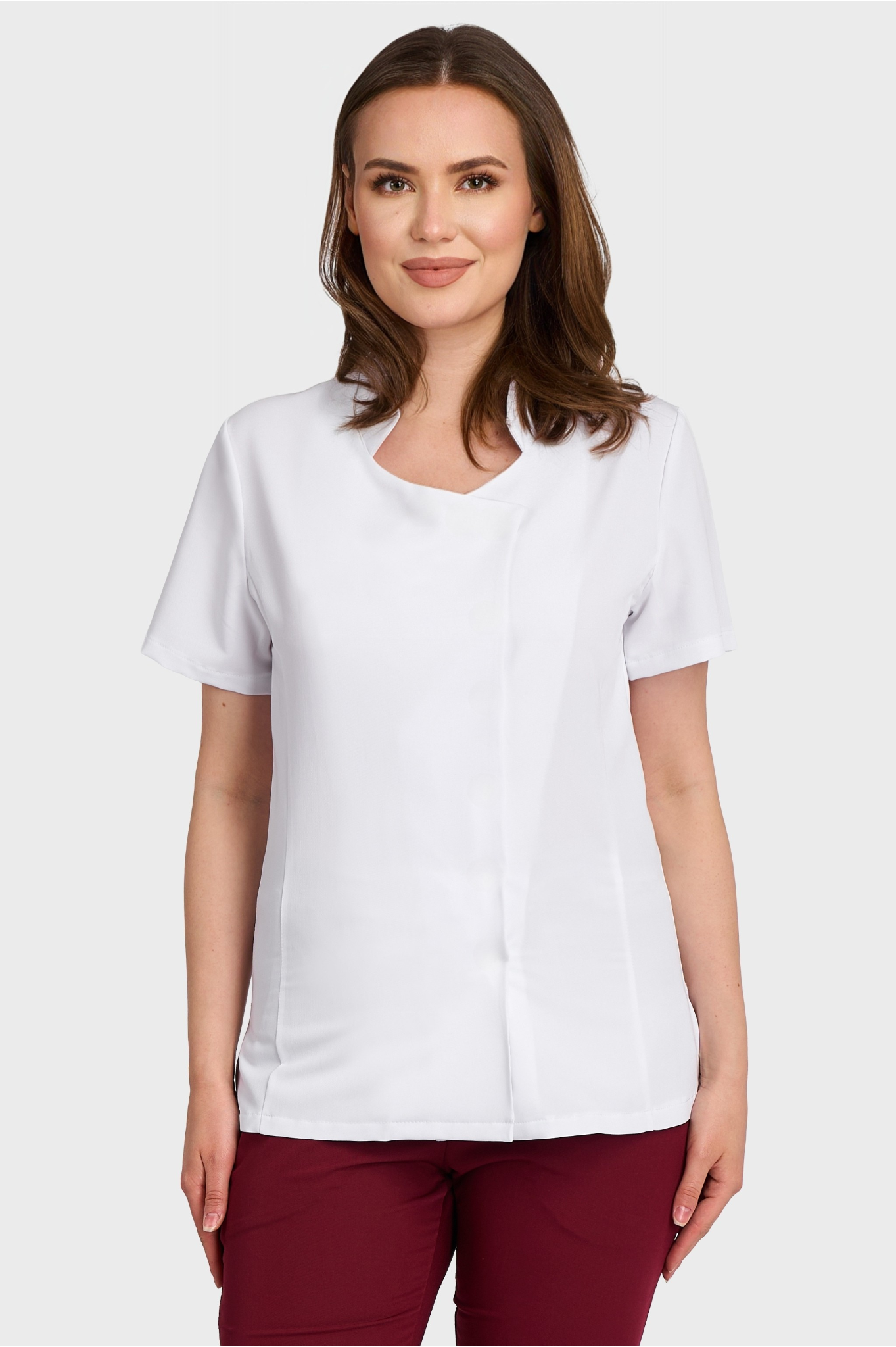 Bluza Medicala Ela Femei Stretch - Alb - vedere frontala - material elastic - Akitex