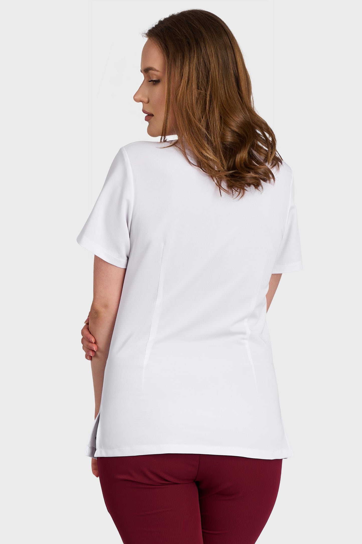Bluza Medicala Ela Femei Stretch - Alb - vedere spate - material elastic - Akitex