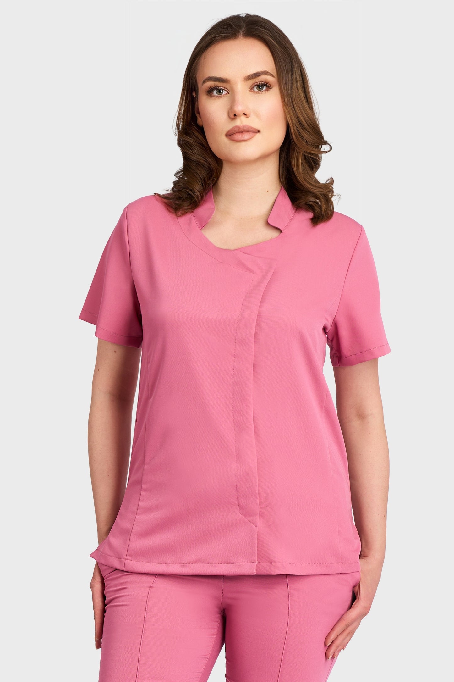 Bluza Medicala Ela Femei Stretch - Roz - vedere frontala - material elastic - Akitex