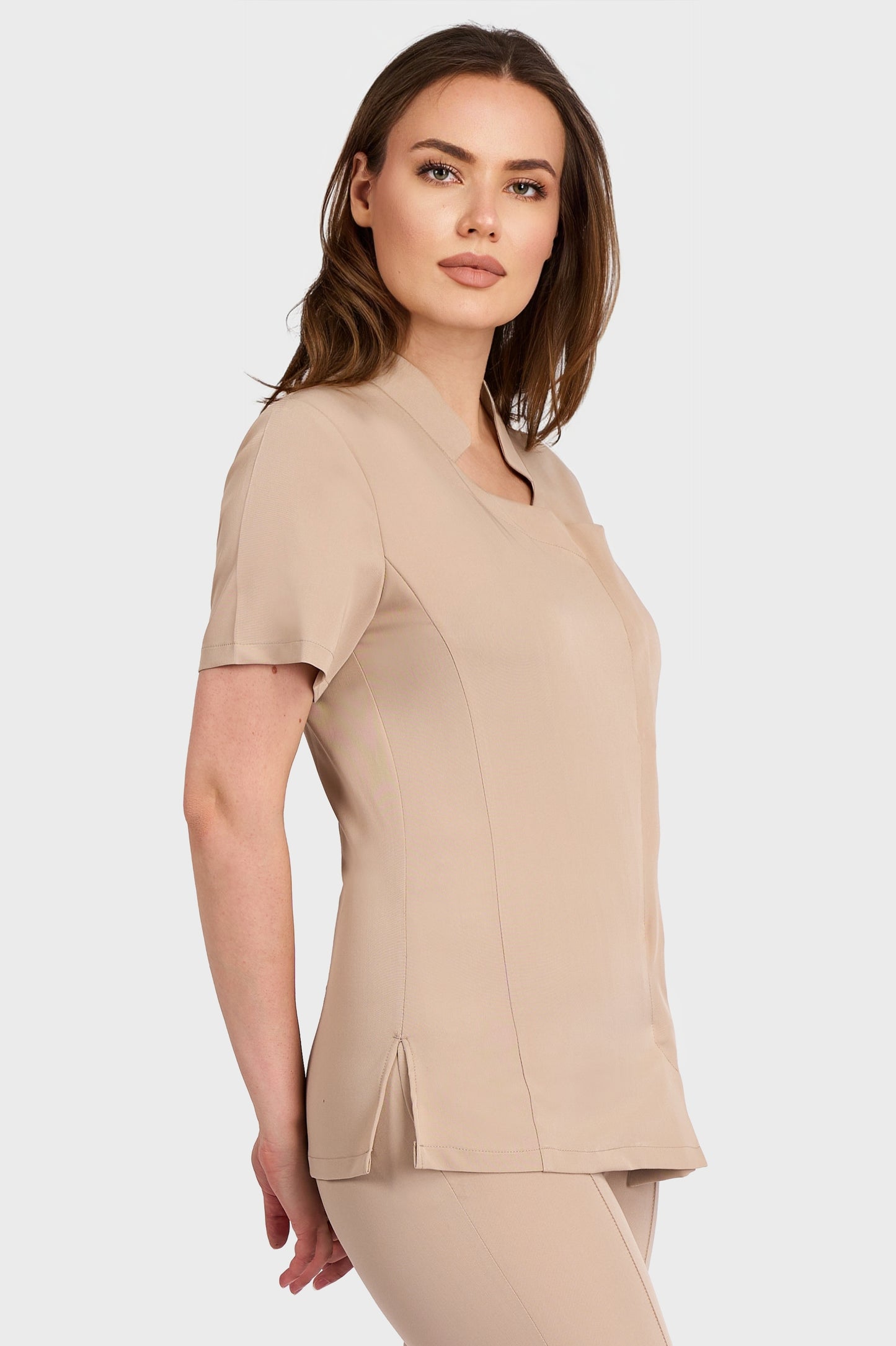 Bluza Medicala Ela Femei Stretch - Safari - vedere laterala - material elastic - Akitex