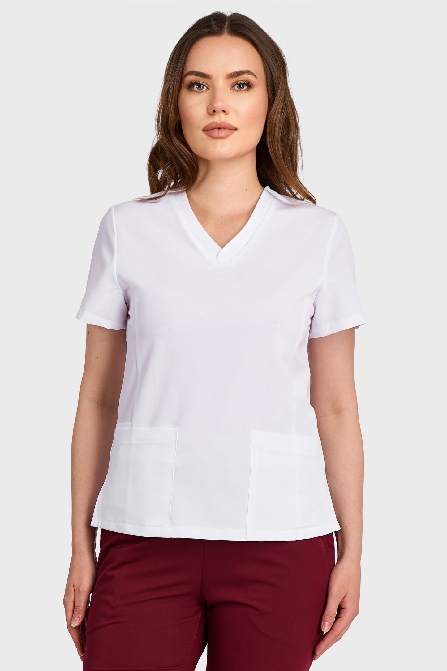 Bluza Medicala Rafaela Stretch - Alb - vedere frontala - material elastic- Akitex