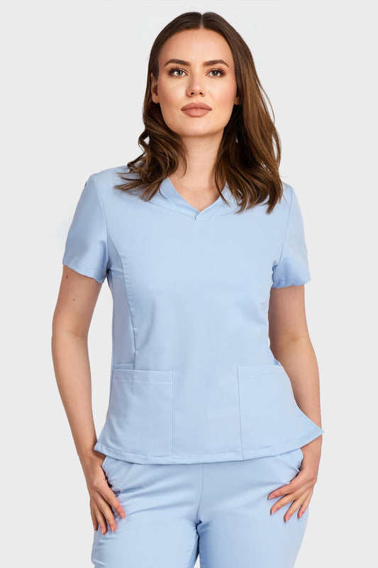 Bluza Medicala Rafaela Stretch  - LightBlue - vedere frontala - material elastic - Akitex