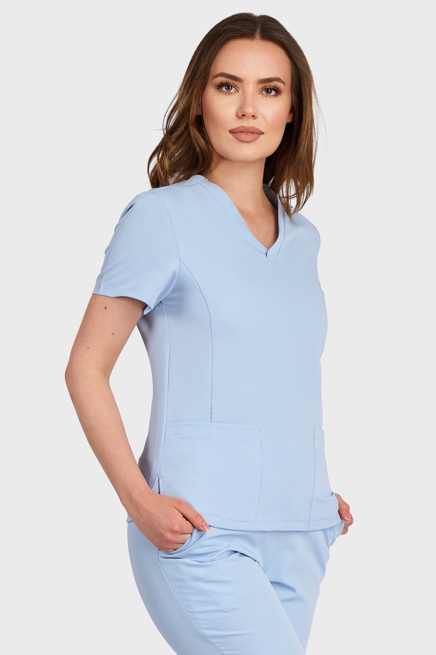 Bluza Medicala Rafaela Stretch - LightBlue - vedere laterala - material elastic- Akitex