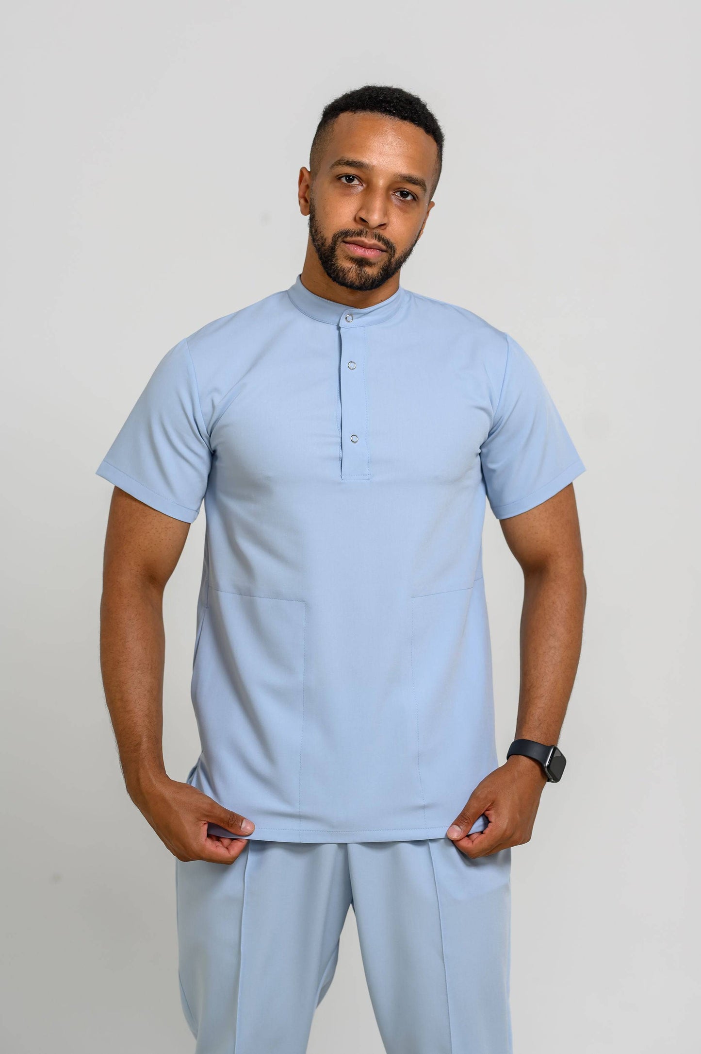 Bluza Medicala Valuca STRETCH Barbati - BabyBlue - vedere totala - material elastic - Akitex