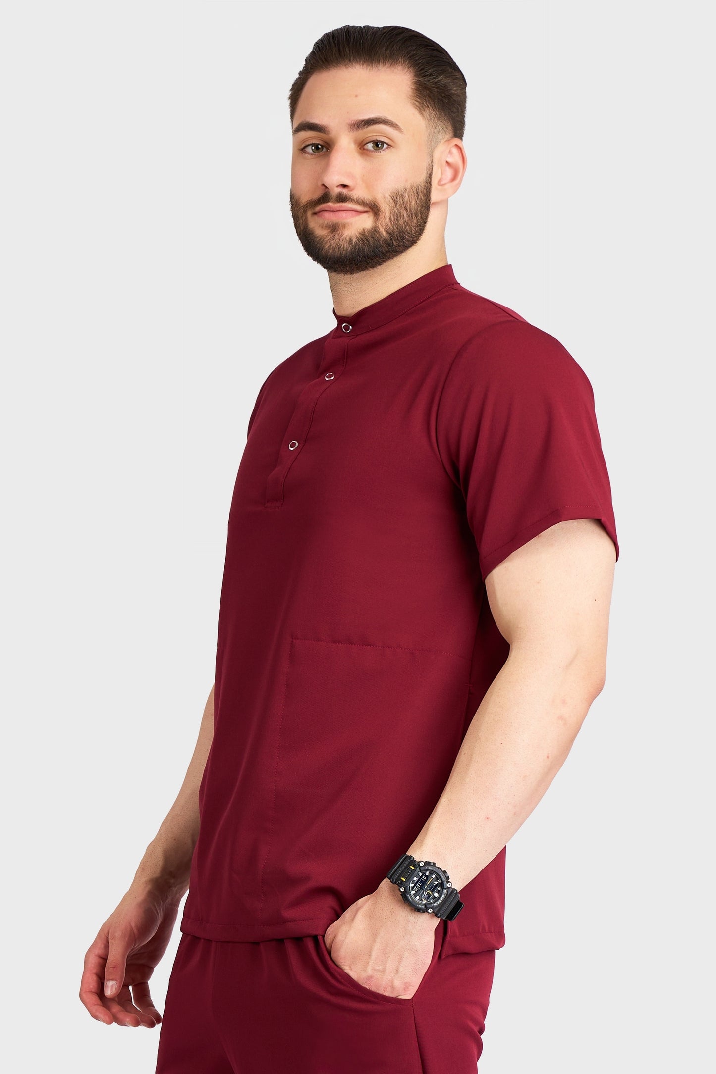 Bluza Medicala Valuca STRETCH Barbati - Bordo - vedere laterala - material elastic - Akitex