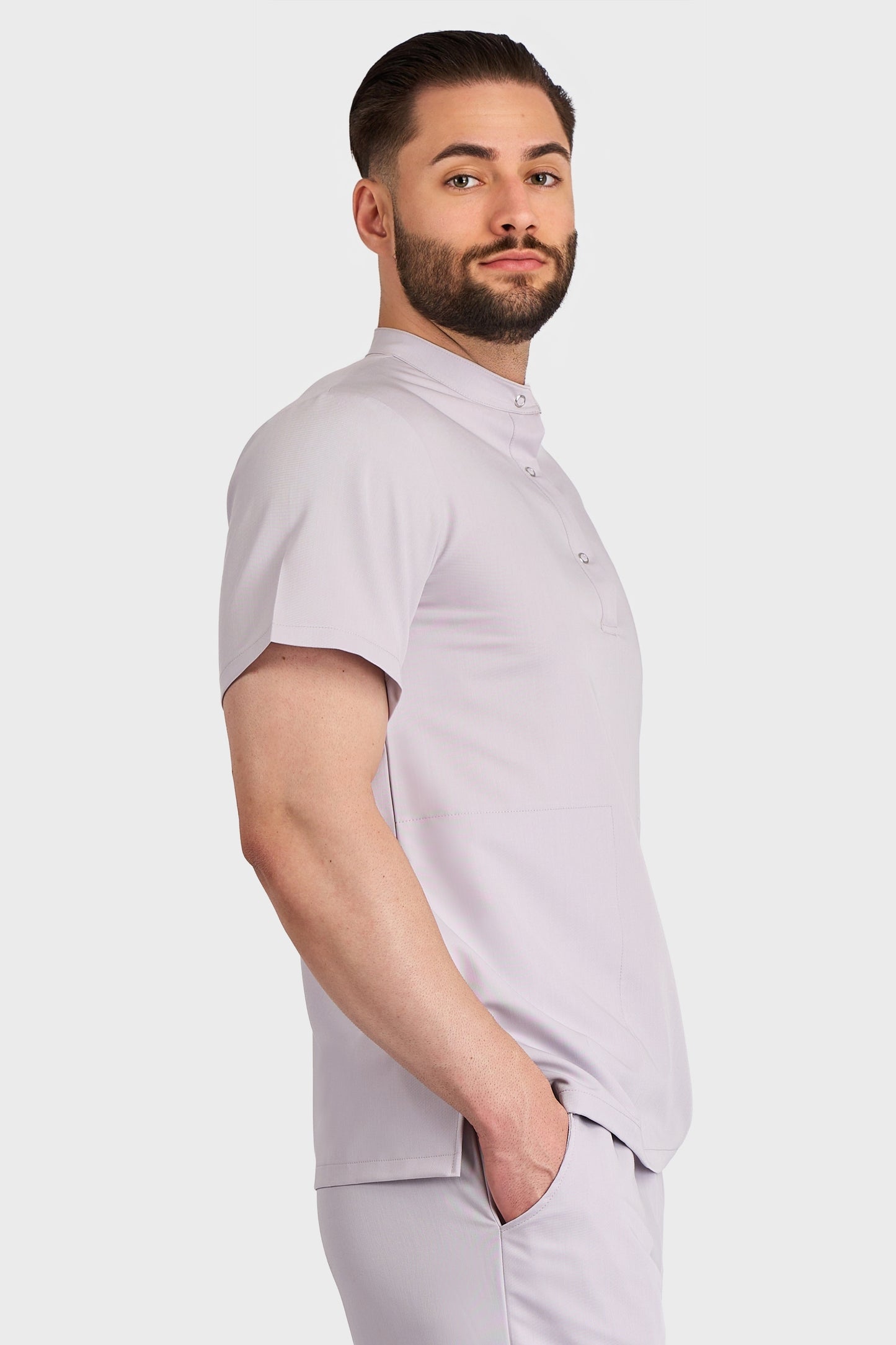 Bluza Medicala Valuca STRETCH Barbati - Gri - vedere laterala - material elastic - Akitex