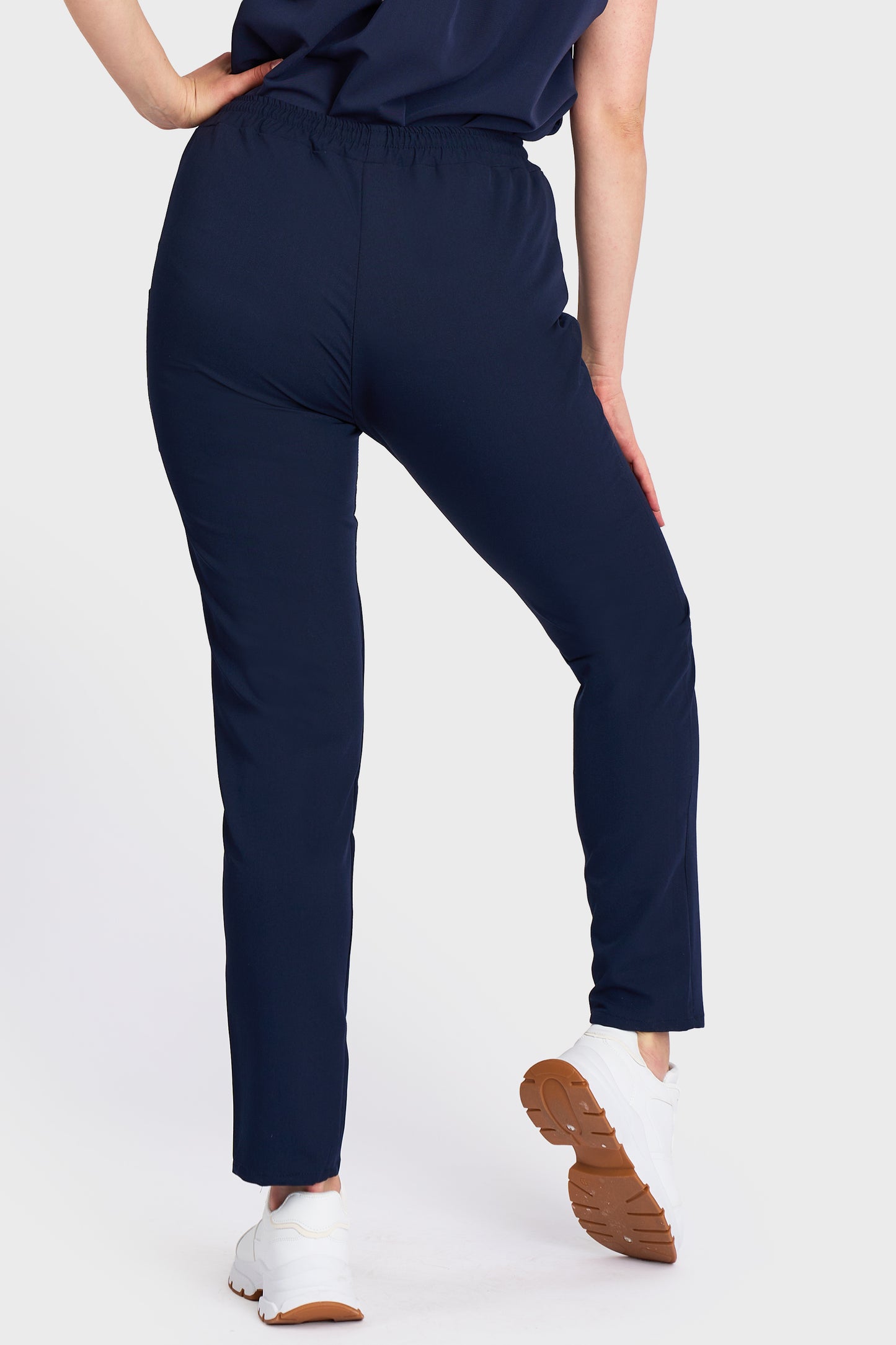 Pantaloni Medicali cu elastic si snur Femei Stretch - Navy - vedere spate - material elastic- Akitex