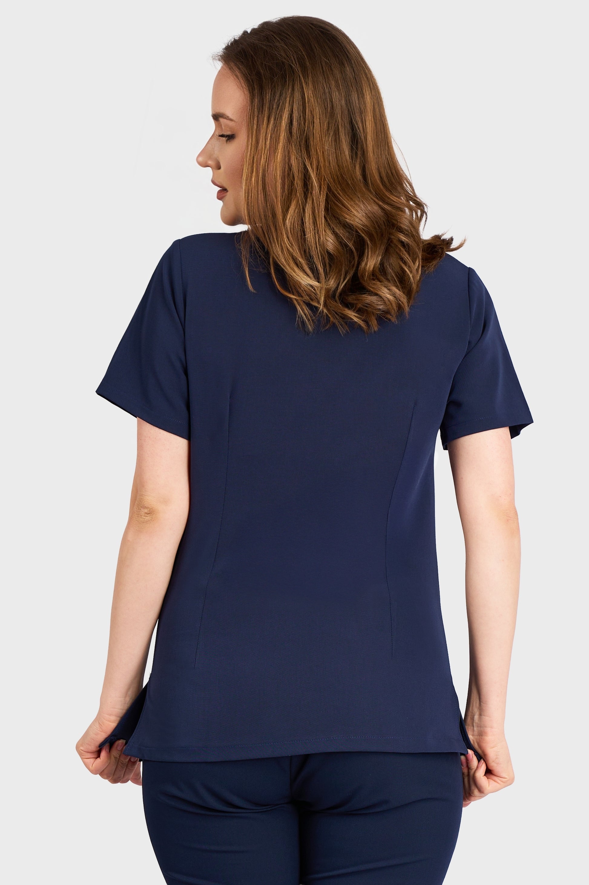 Bluza Medicala Ela Femei Stretch - Navy - vedere spate- material elastic - Akitex 