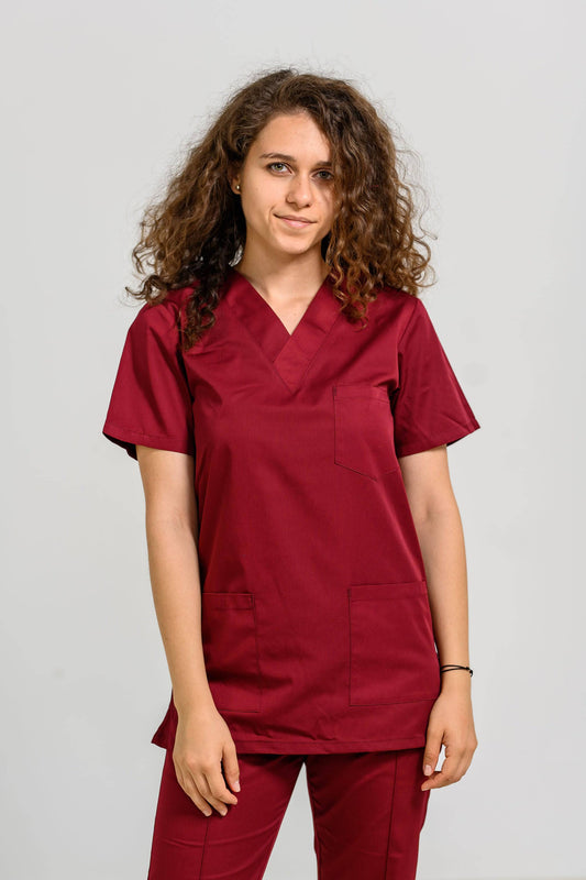 Bluza Medicala Femei cu guler V - Bordo - vedere totala - Akitex 