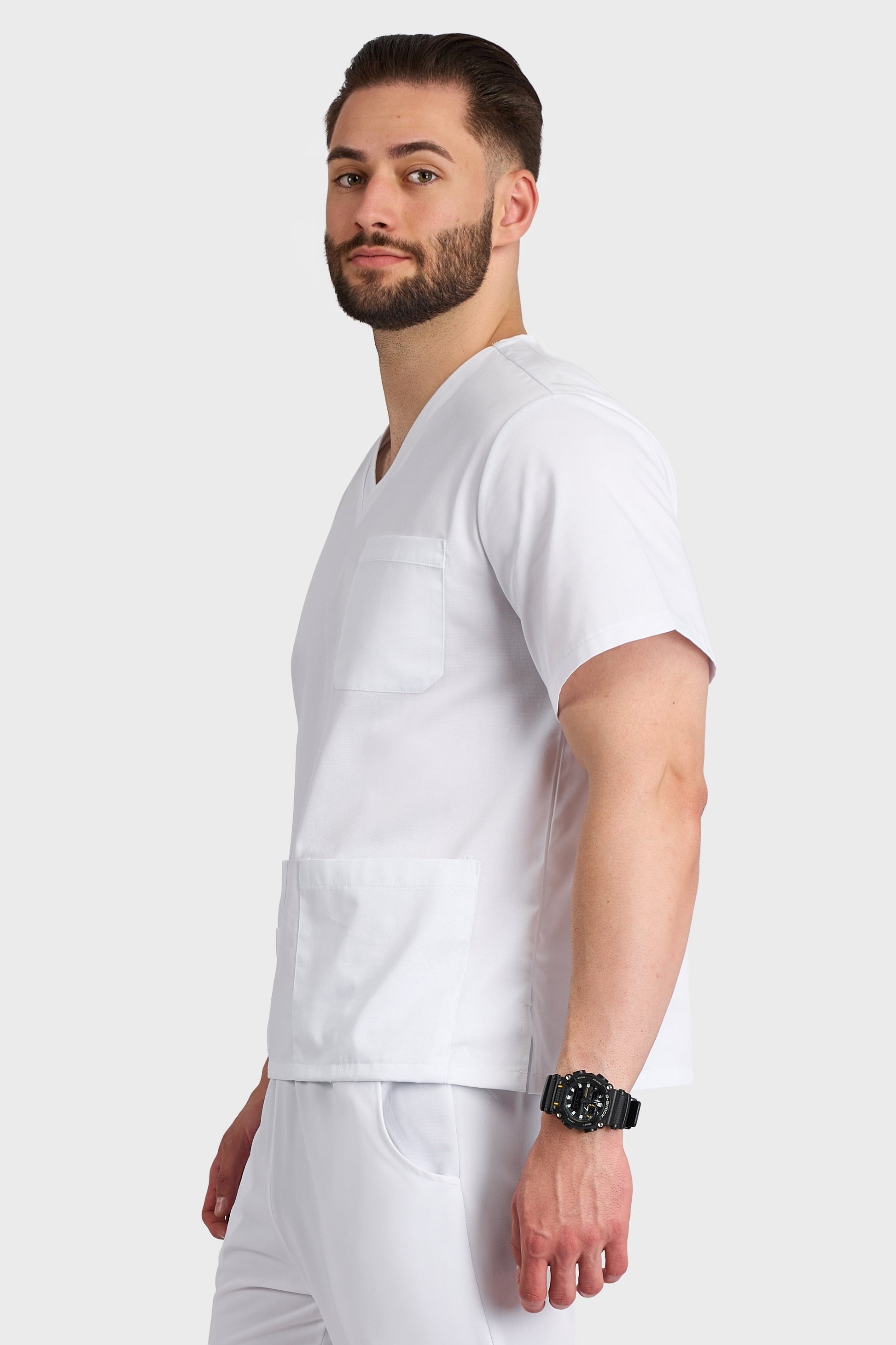 Bluza Medicala Hugo Barbati - Alb - vedere laterala - Akitex 