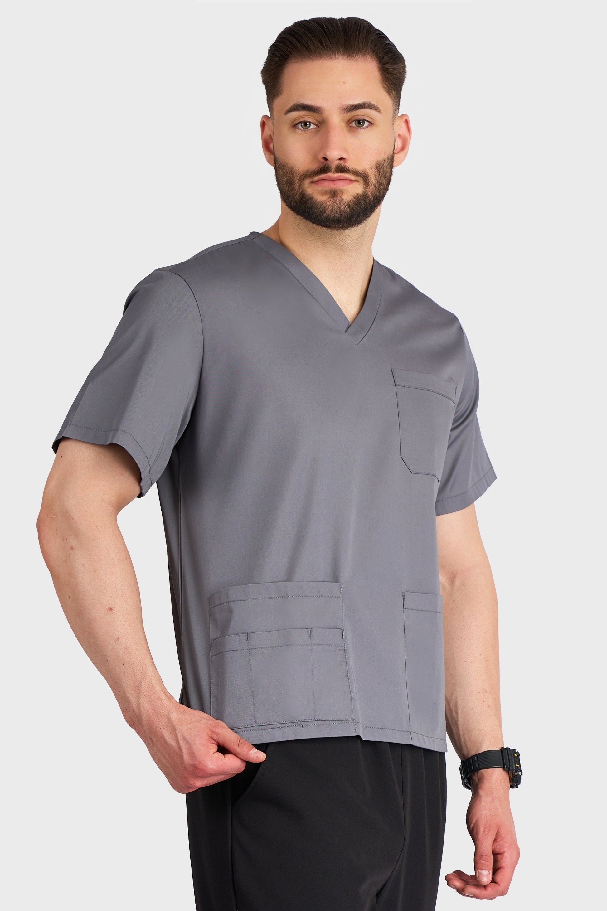 Bluza Medicala Hugo Barbati - Gri - vedere lateral - Akitex 