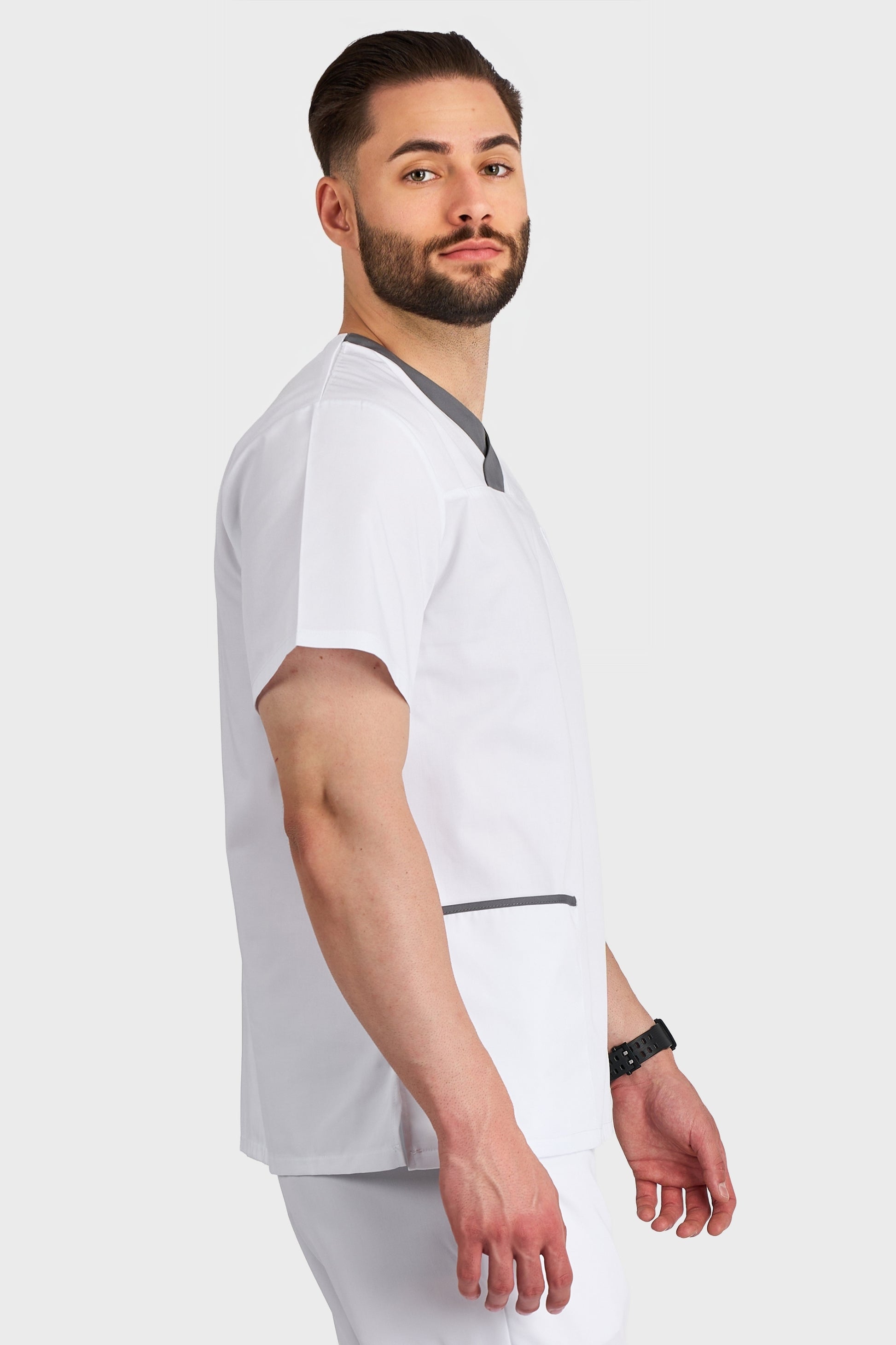 Bluza Medicala Toledo Barbati - Alb - vedere laterala - Akitex 