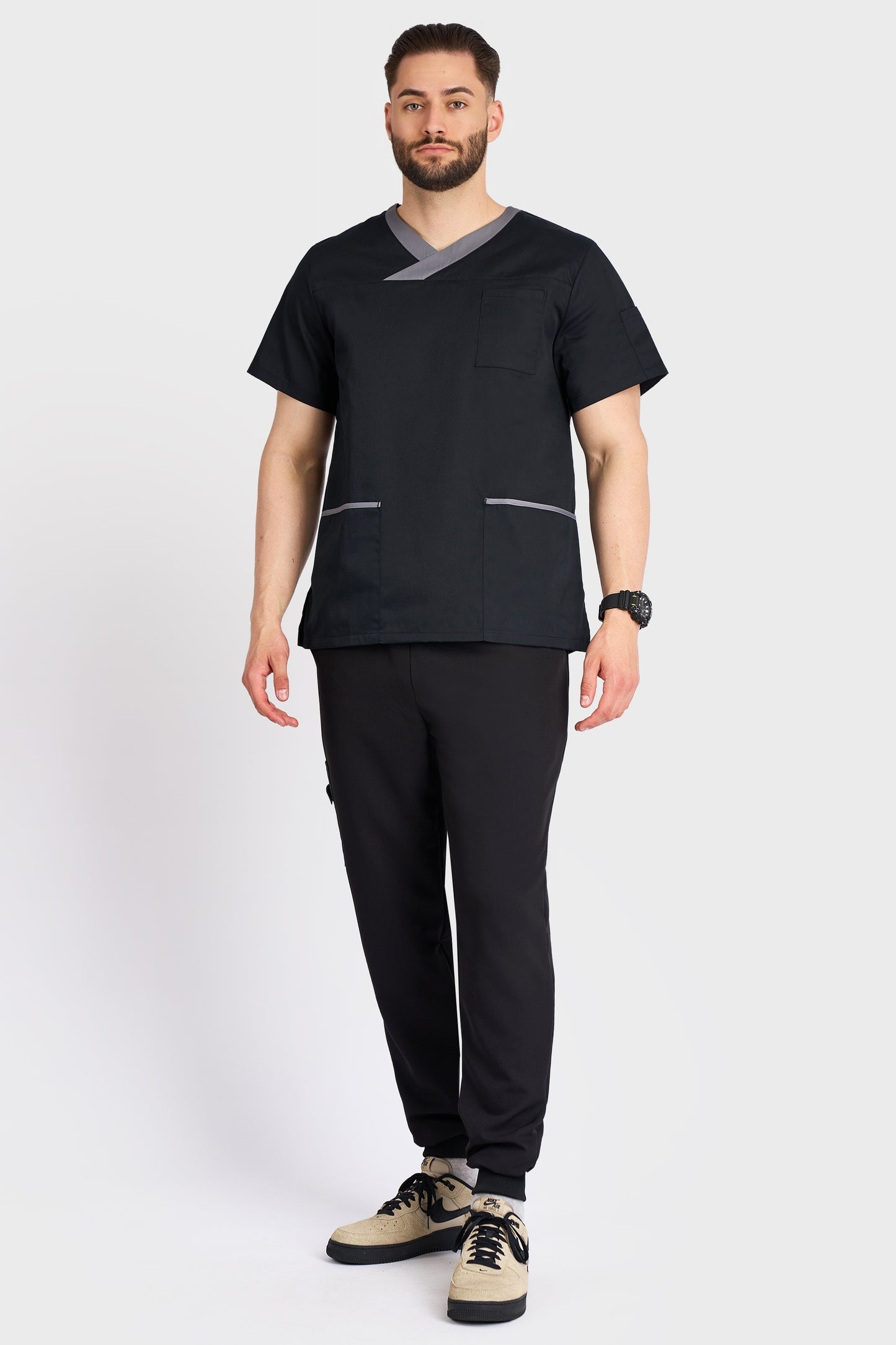 Bluza Medicala Toledo Barbati - Negru - vedere totala - Akitex 