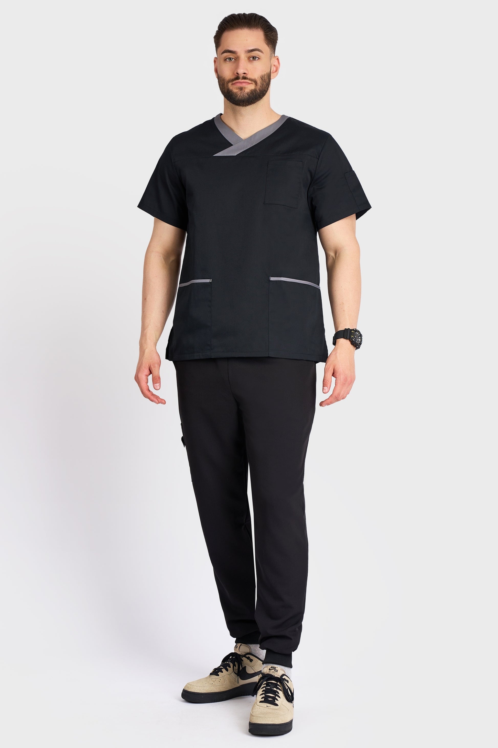 Bluza Medicala Toledo Barbati - Negru - vedere totala - Akitex 