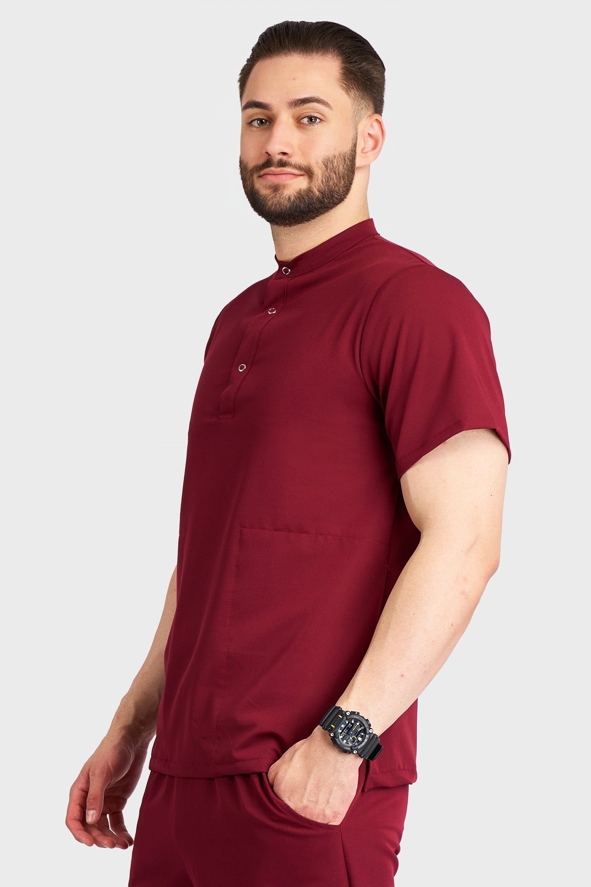 Bluza Medicala Valuca STRETCH Barbati - Bordo - vedere laterala - material elastic - Akitex 