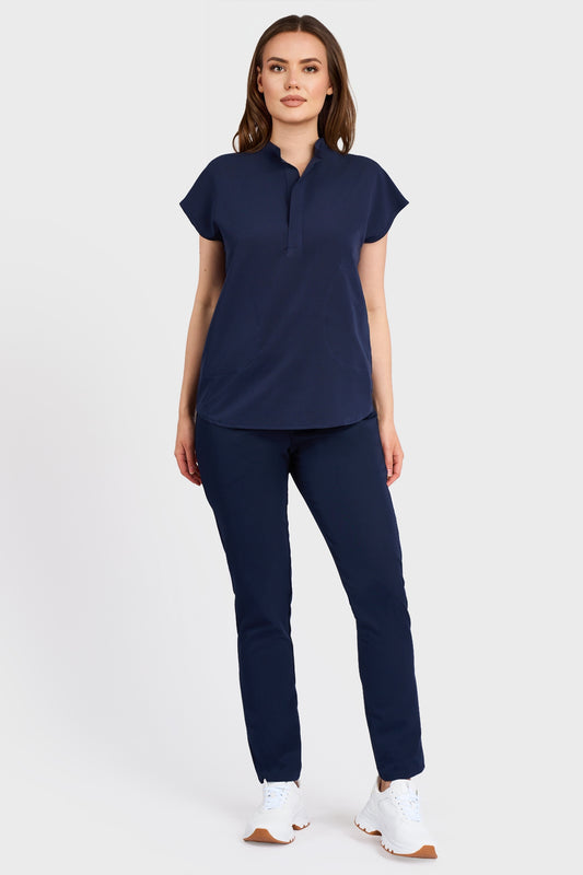 Costum medical din Bluza Medicala Maria si Pantaloni Medicali cu elastic si snur STRETCH - Navy - vedere totala - material elastic - Akitex 