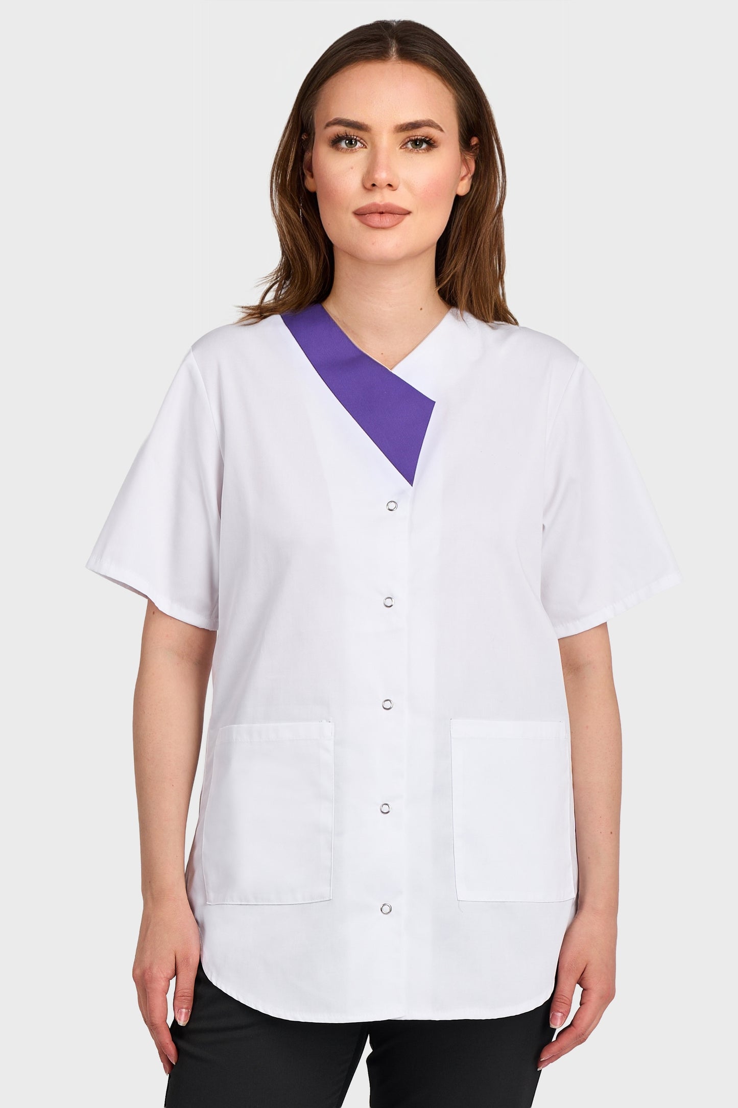 Halat Medical Oktavia Femei - Alb/Mov -vedere frontala - Akitex 