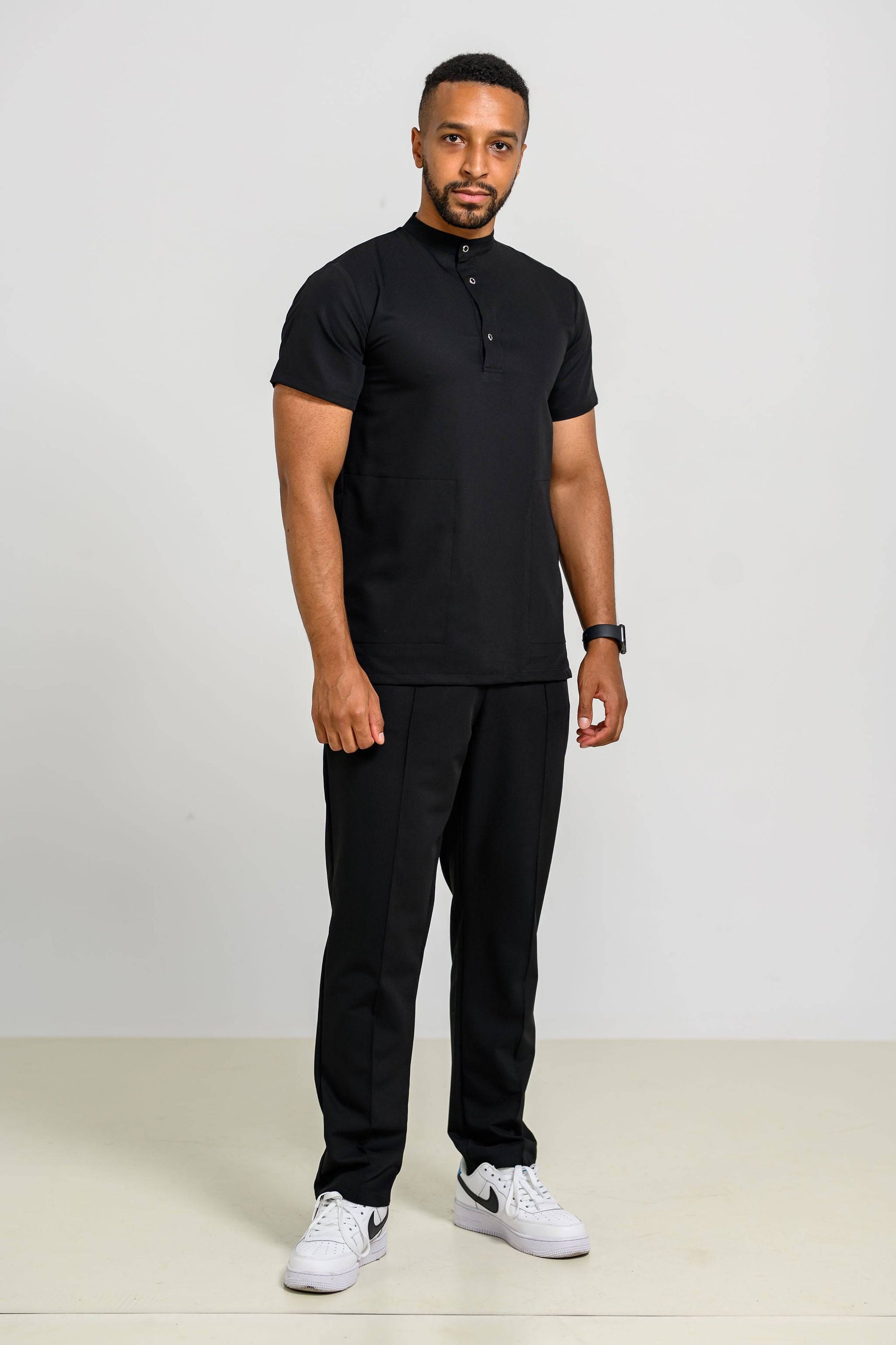 Pantaloni Medicali Alisa Barbati Stretch- Negru - vedere totala - material elastic - Akitex 