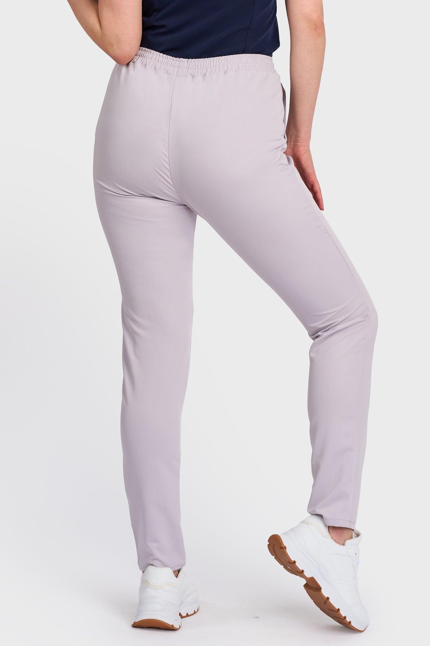Pantaloni Medicali cu elastic si snur Femei Stretch - Gri - vedere spate - material elastic - Akitex 