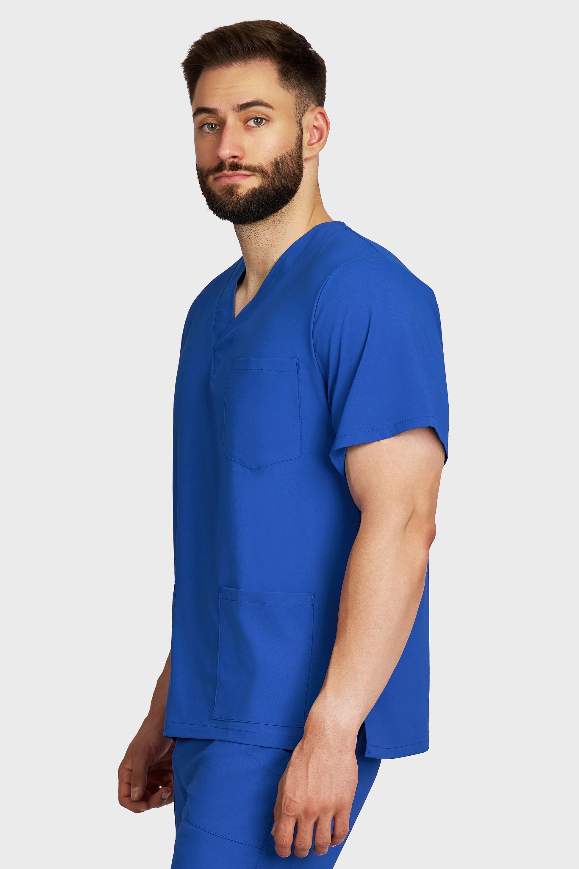 Bluza medicala barbati cu guler in V albastru royal stretch - vedere laterala - AKITEX