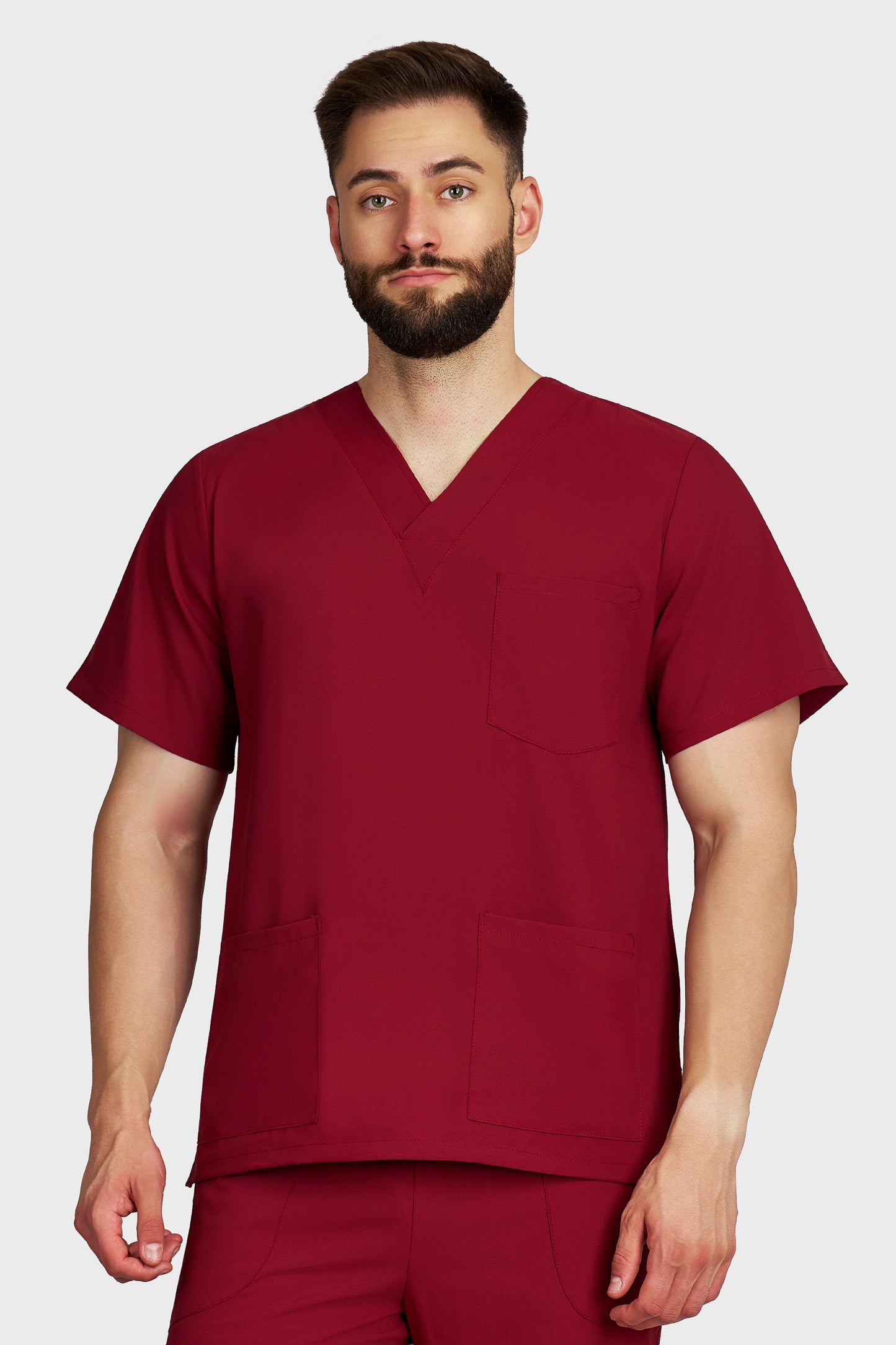 Bluza medicala barbati cu guler in V bordo stretch - vedere din fata - AKITEX