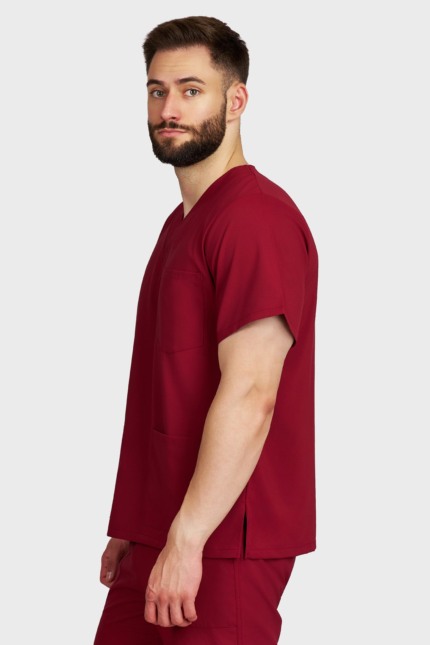 Bluza medicala barbati cu guler in V bordo stretch - vedere laterala - AKITEX