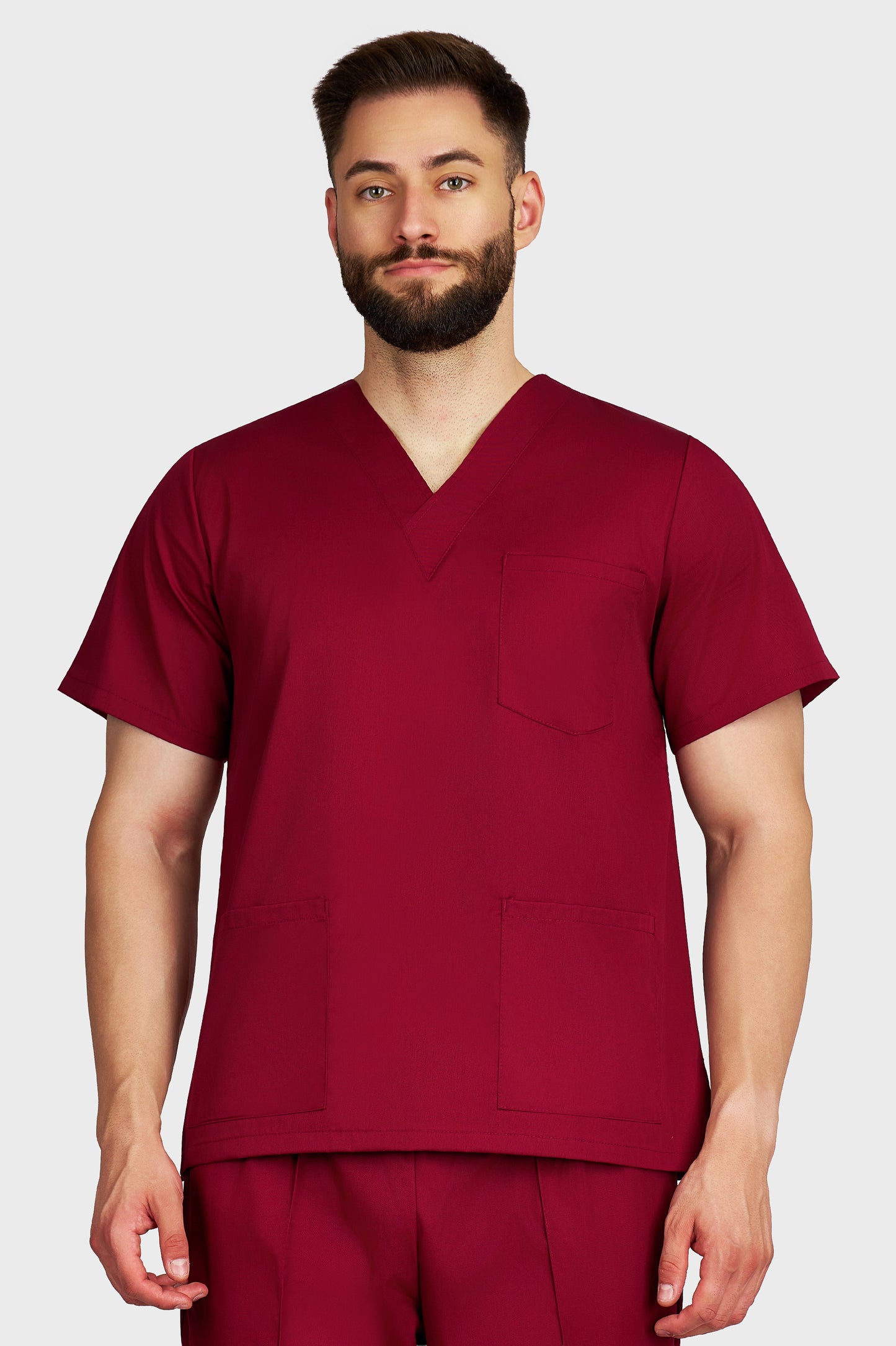 Bluza medicala barbati cu guler in V bordo - vedere din fata - AKITEX