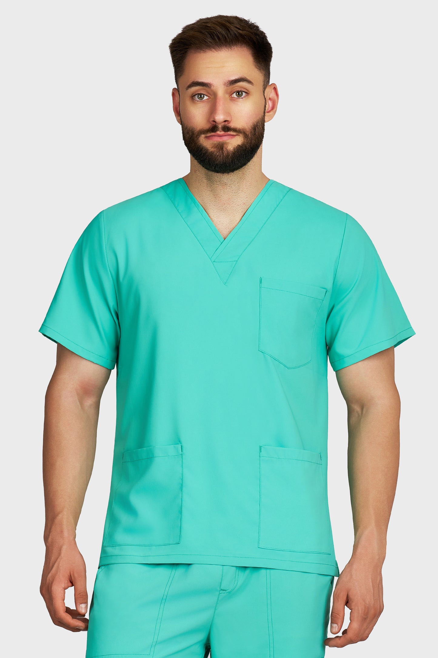 Bluza medicala barbati cu guler in V menta stretch - vedere din fata - AKITEX