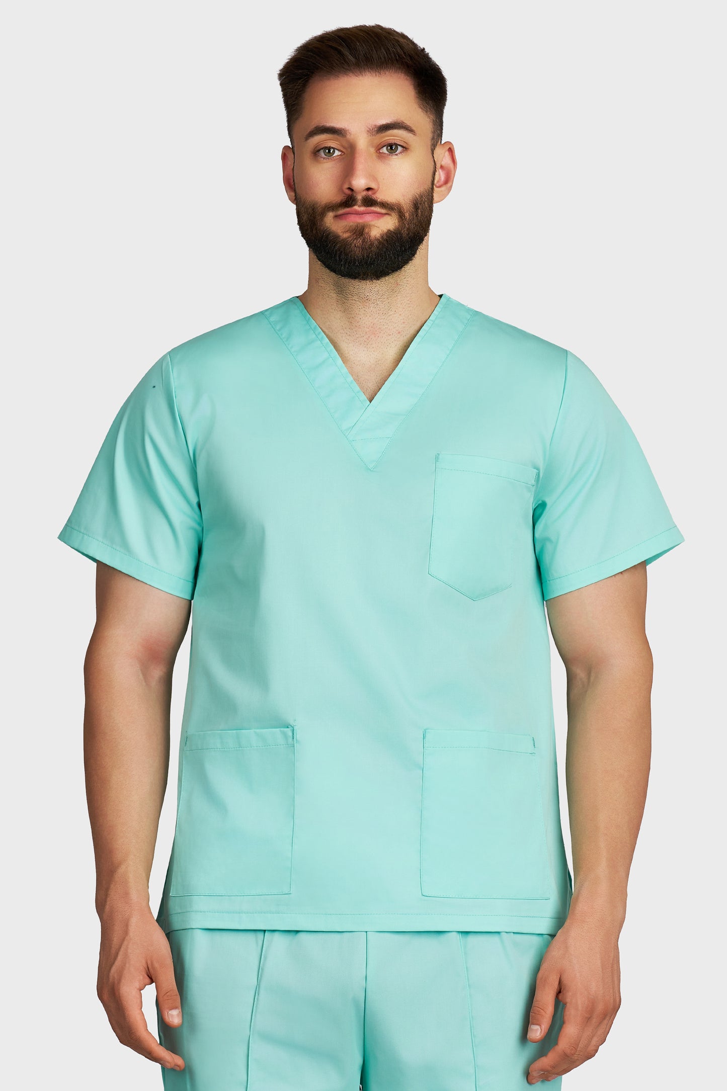 Bluza medicala barbati cu guler in V menta - vedere din fata - AKITEX