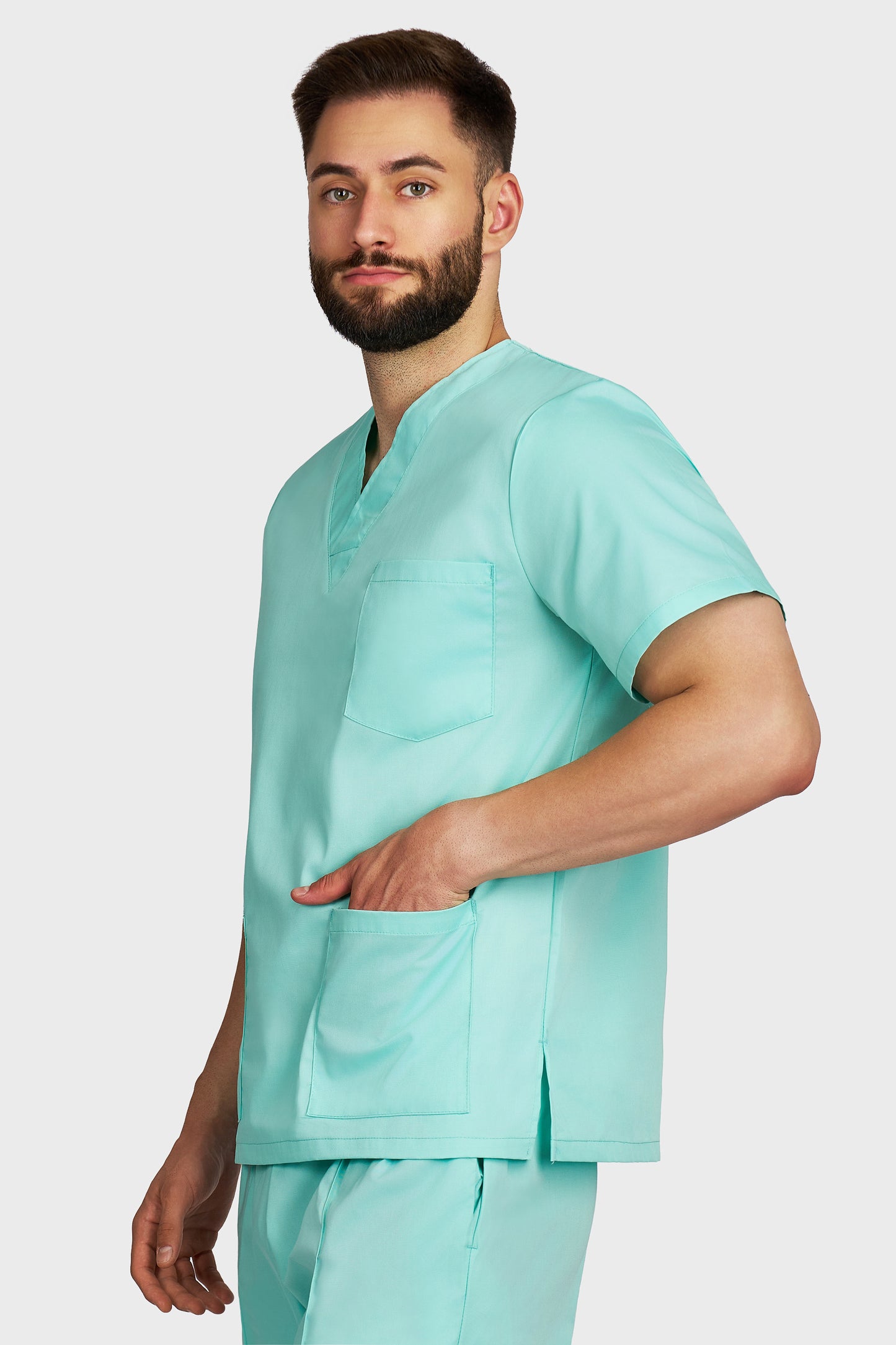 Bluza medicala barbati cu guler in V menta - vedere laterala - AKITEX
