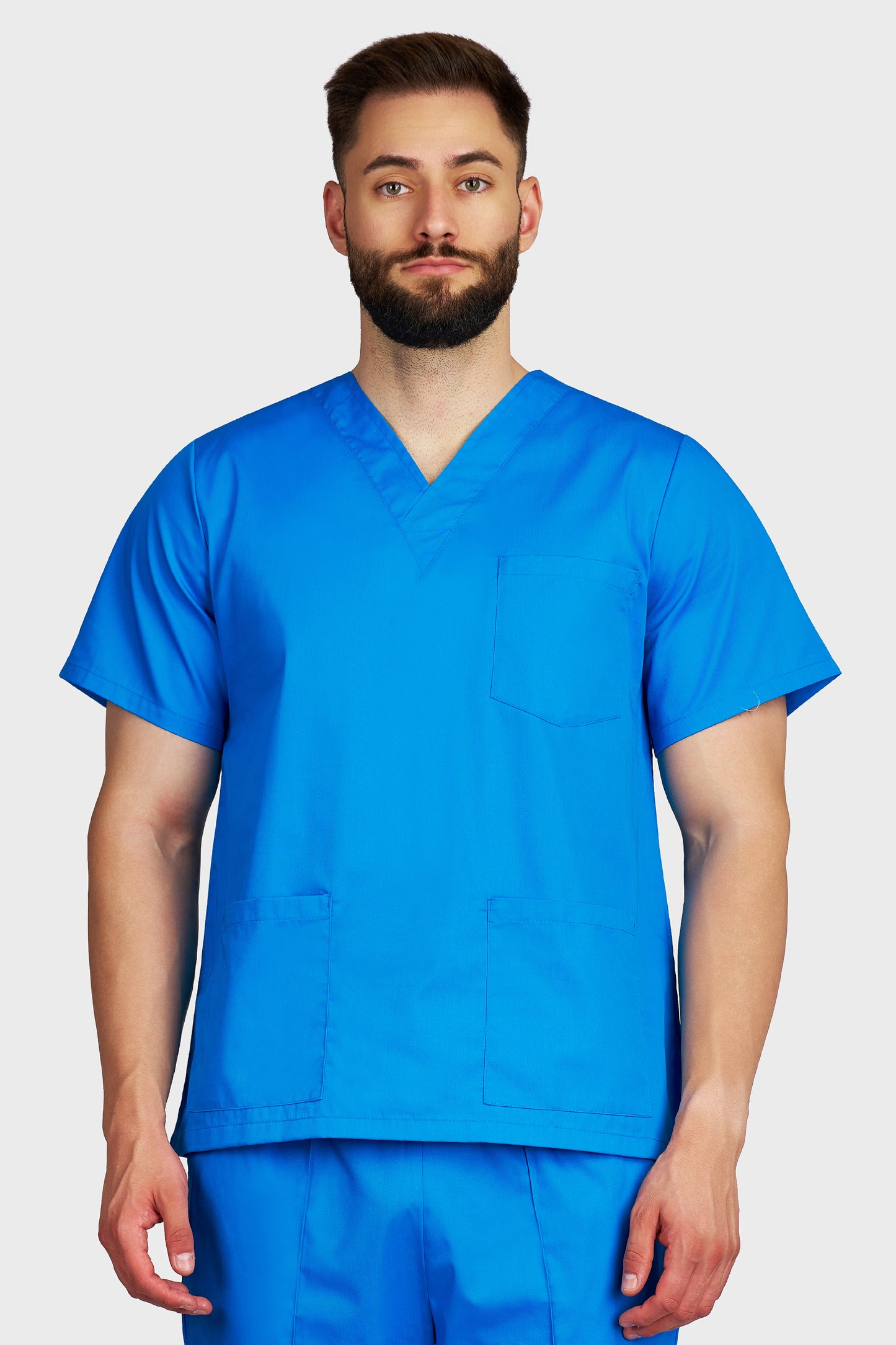 Bluza medicala barbati cu guler in V turcoaz - vedere din fata - AKITEX