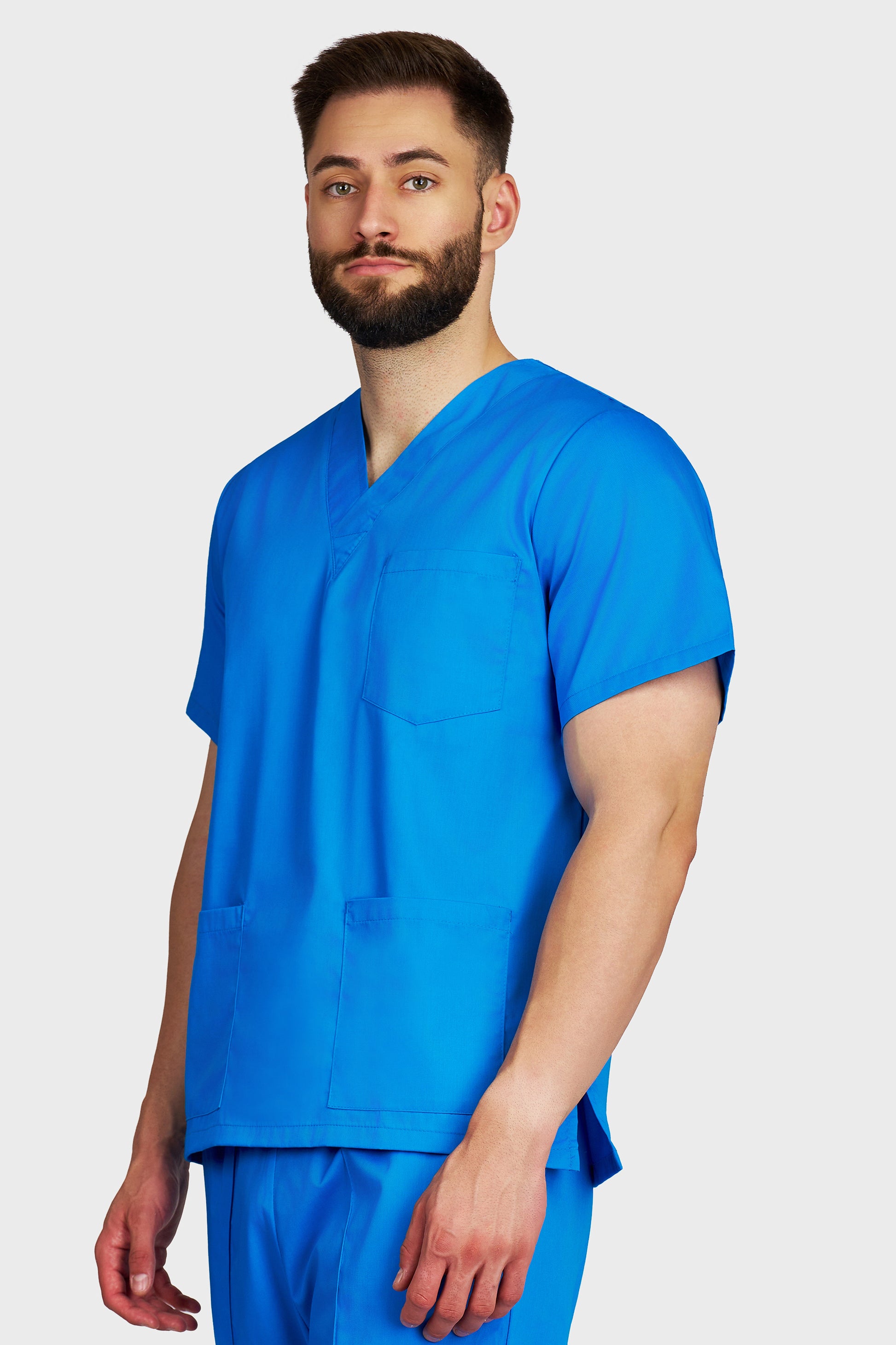 Bluza medicala barbati cu guler in V turcoaz - vedere laterala - AKITEX