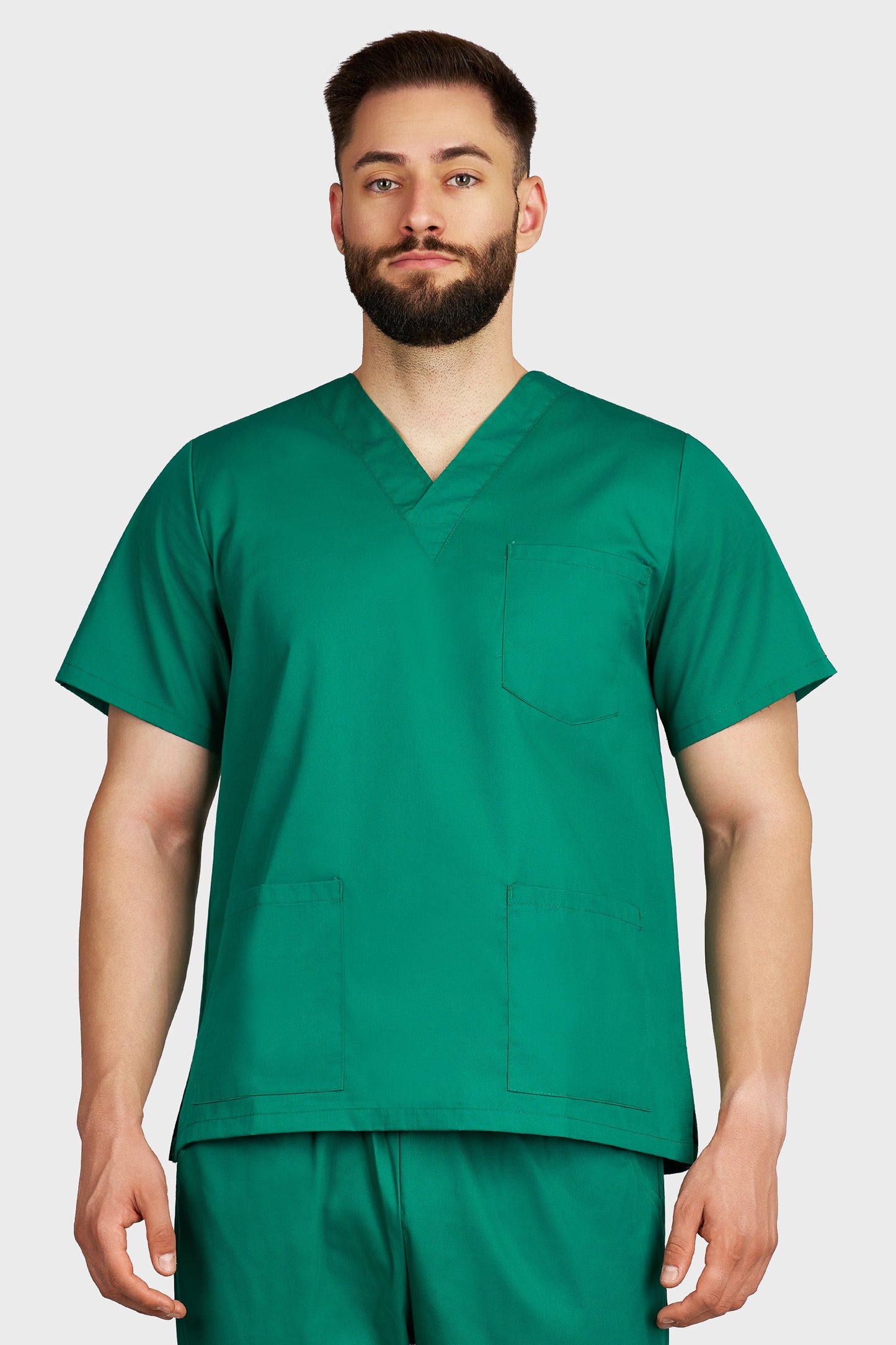 Bluza medicala barbati cu guler in V verde - vedere din fata - AKITEX