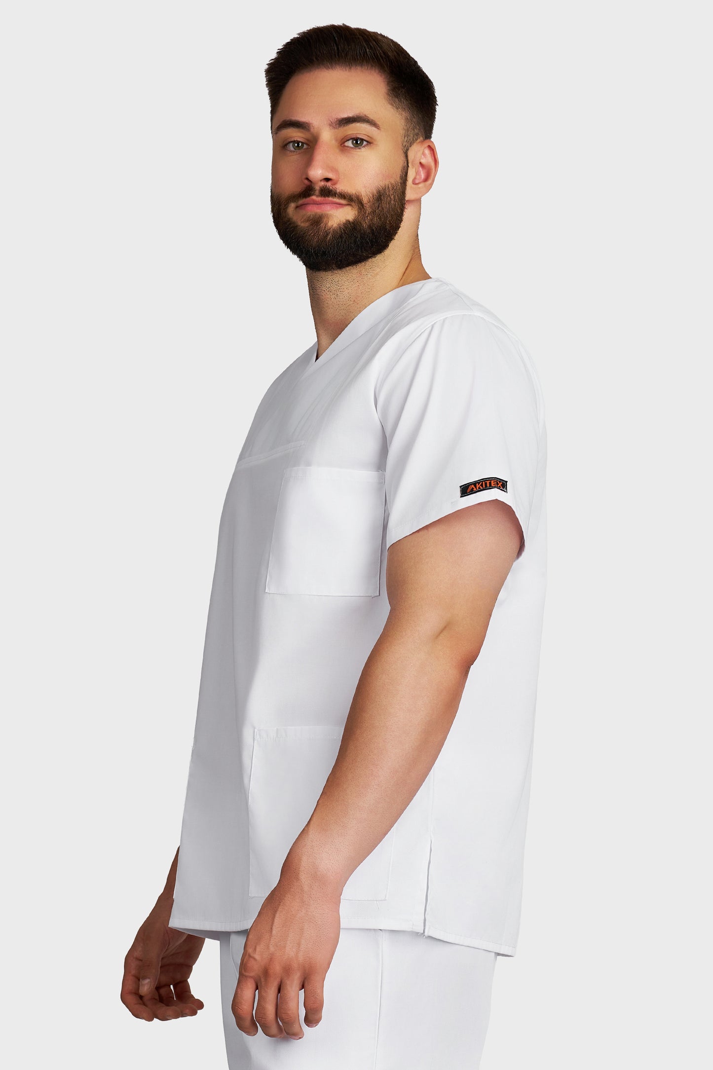 Bluza medicala barbati Victoria alb - vedere laterala - AKITEX