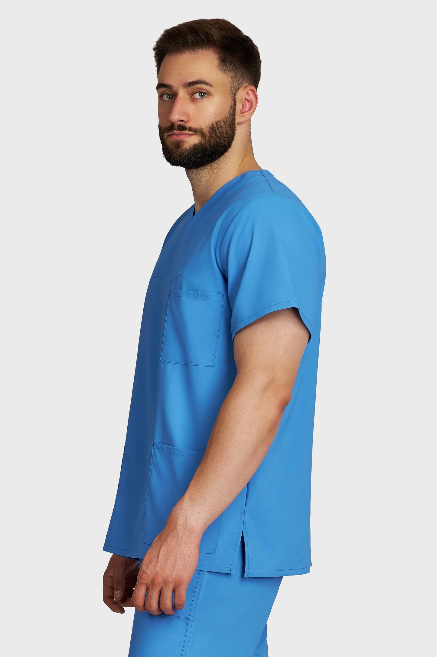 Bluza medicala barbati Victoria albastru azur stretch - vedere laterala - AKITEX