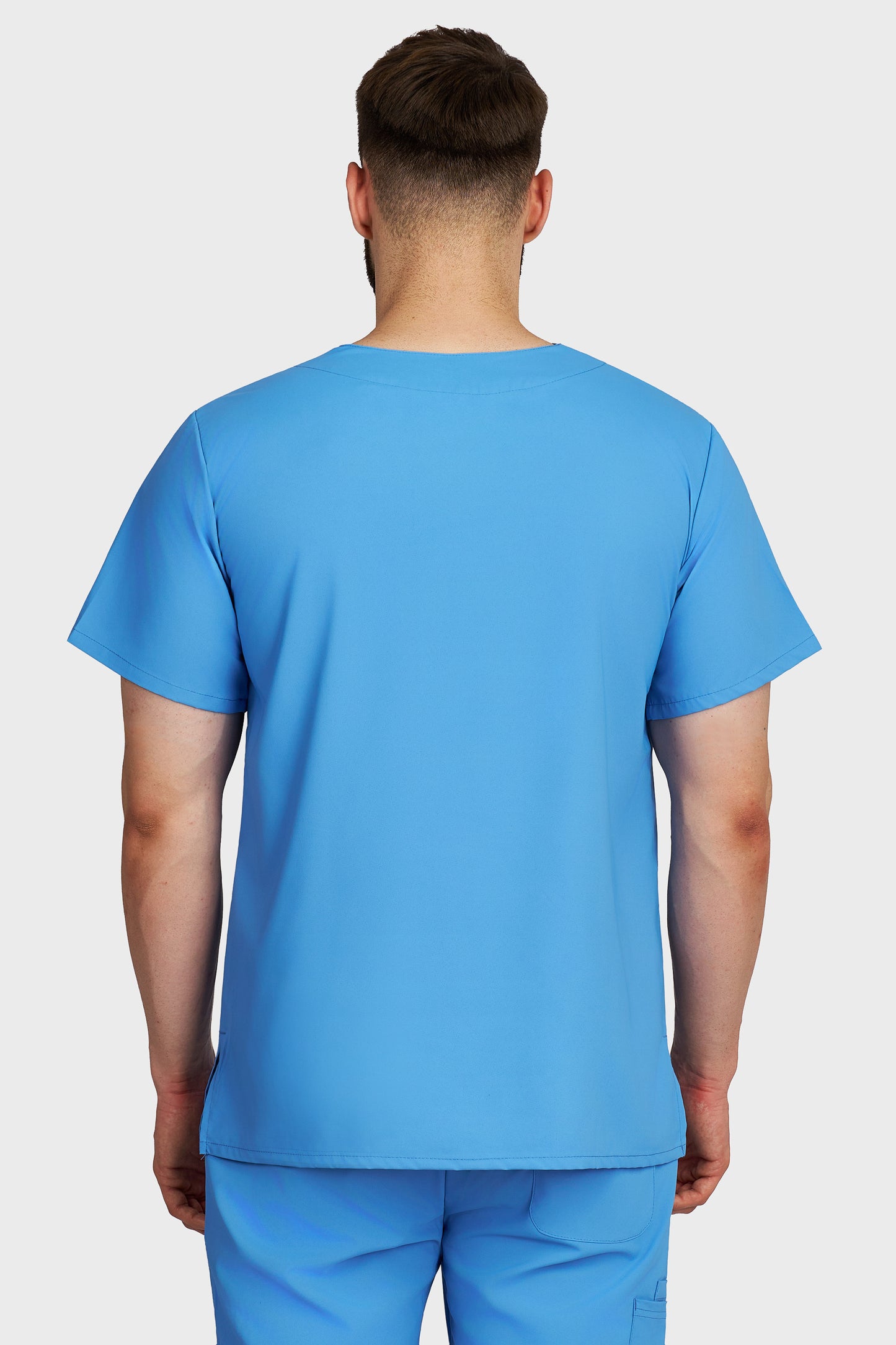 Bluza medicala barbati Victoria albastru azur stretch - vedere din spate - AKITEX