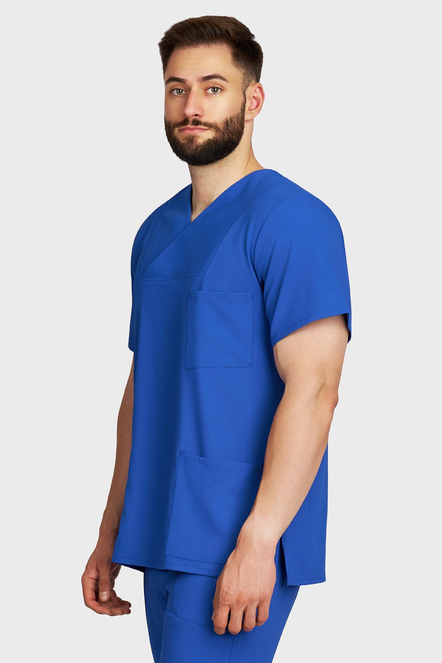 Bluza medicala barbati Victoria albastru royal stretch - vedere laterala - AKITEX