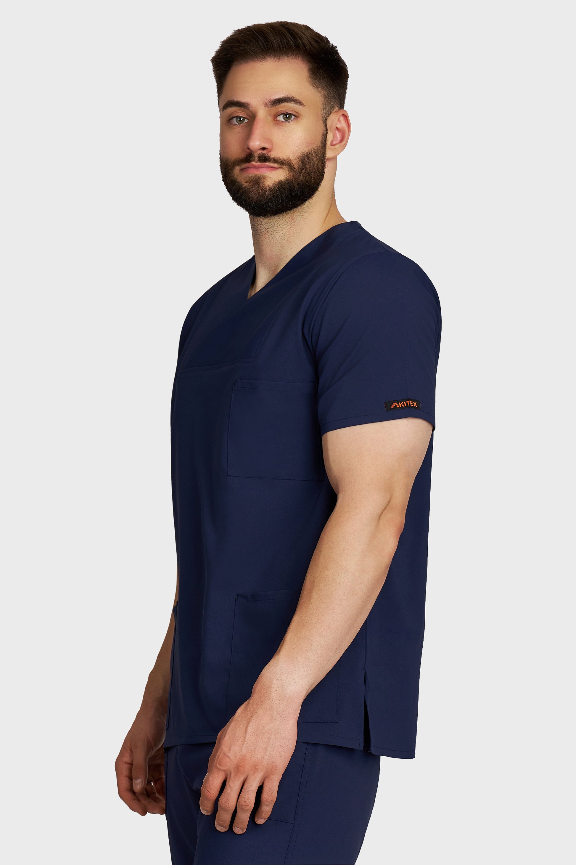 Bluza medicala barbati Victoria bleumarin stretch - vedere laterala - AKITEX
