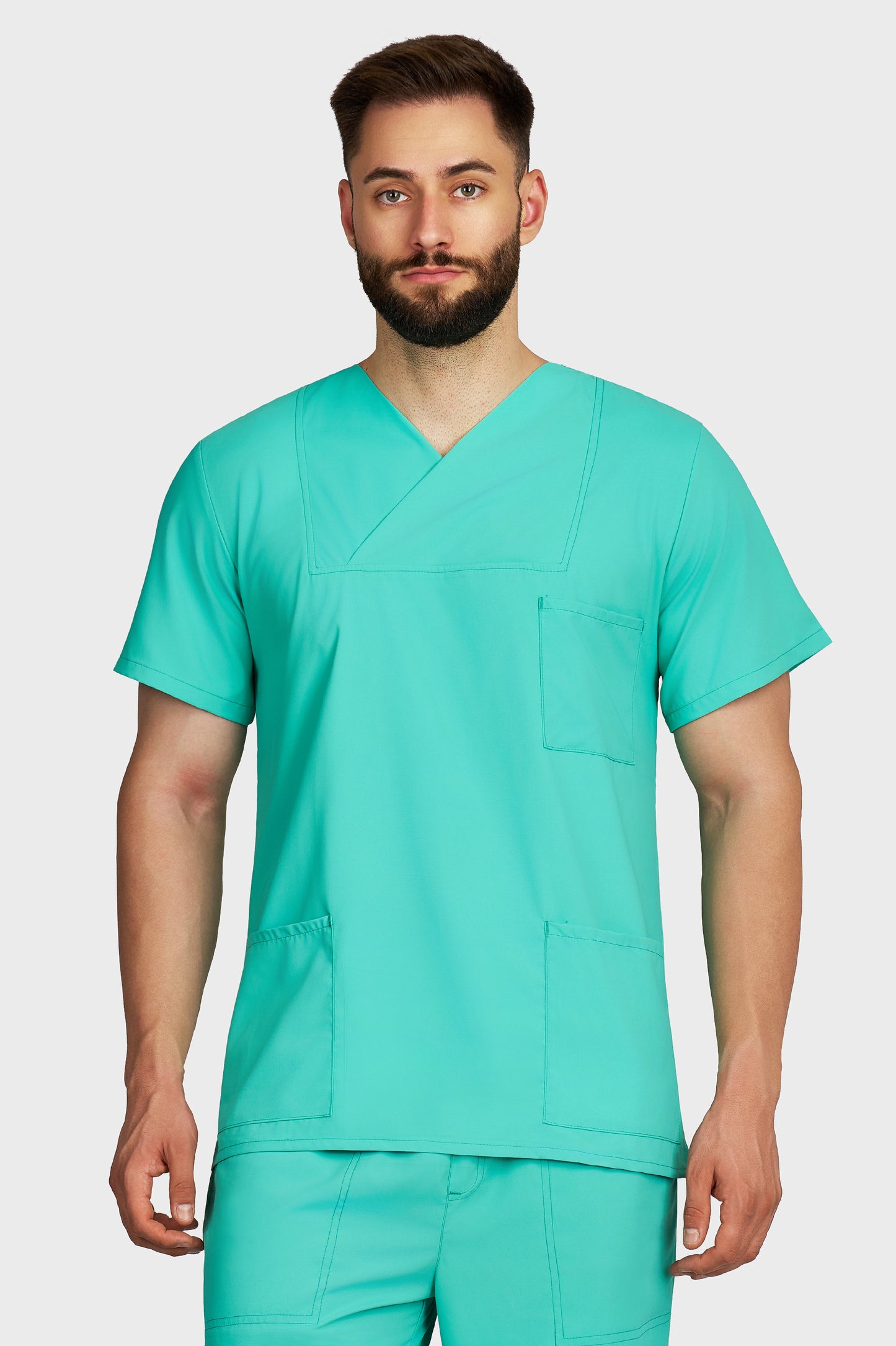 Bluza medicala barbati Victoria menta stretch - vedere din fata - AKITEX