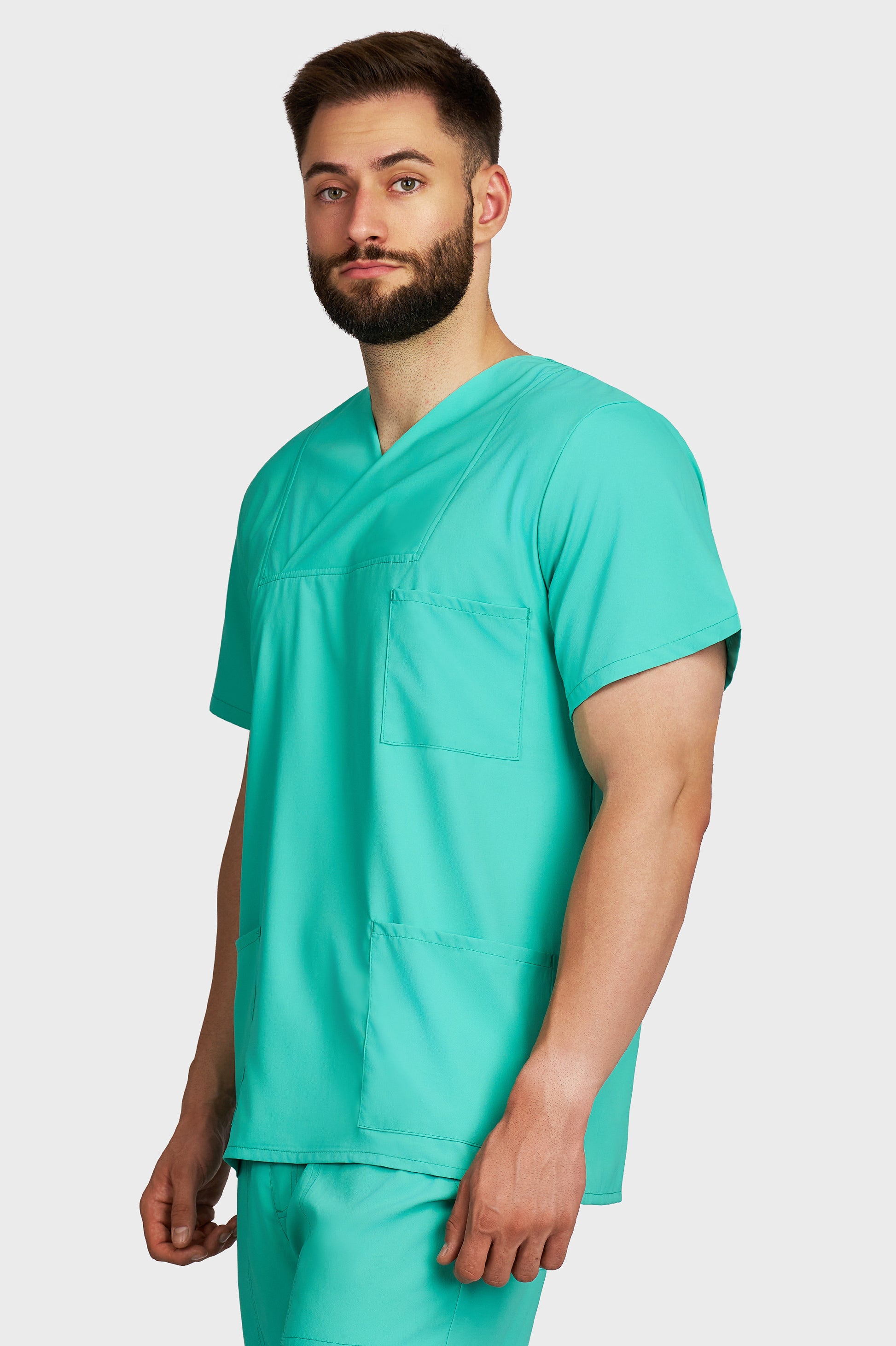 Bluza medicala barbati Victoria menta stretch - vedere laterala - AKITEX