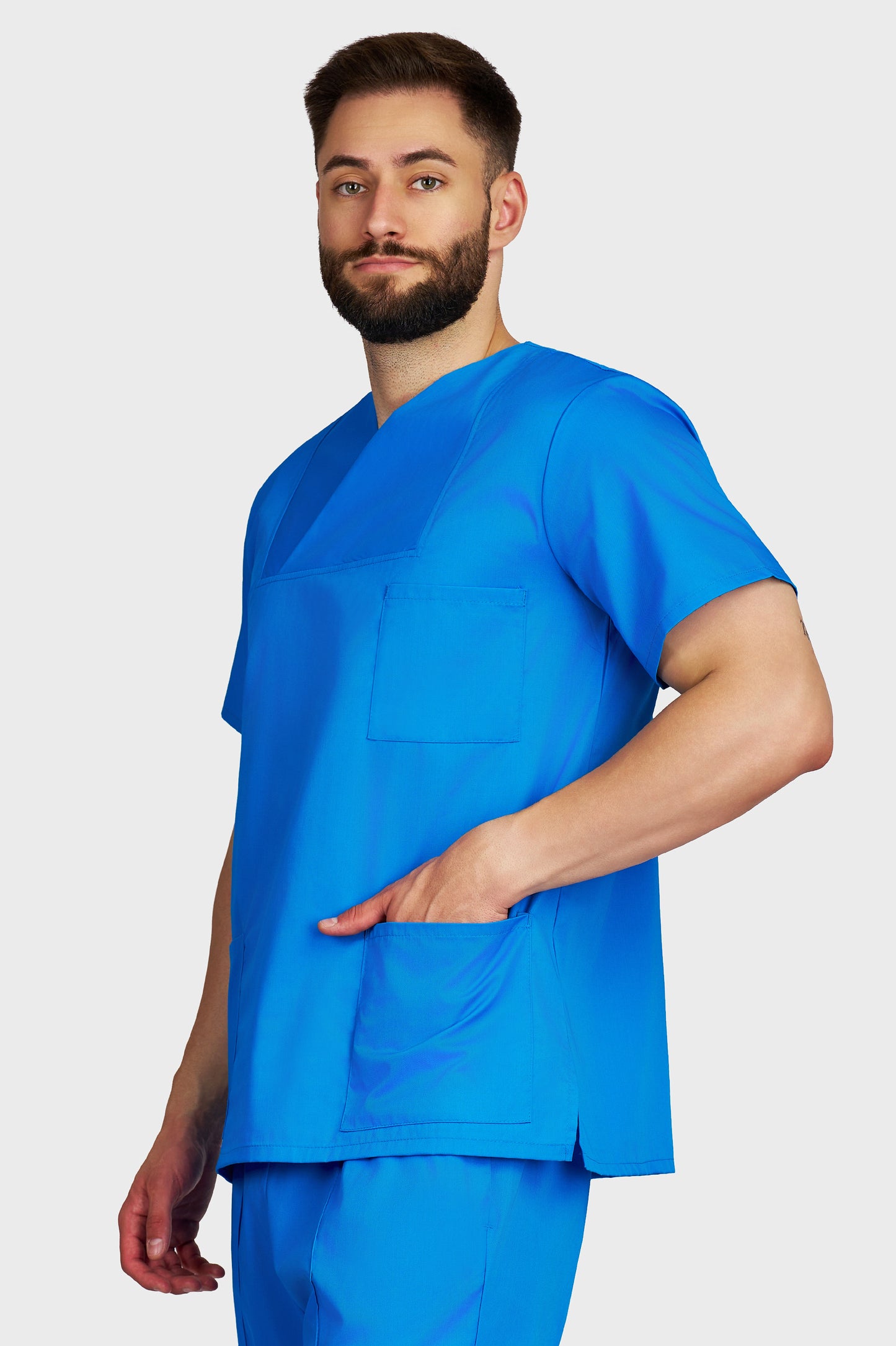 Bluza medicala barbati Victoria turcoaz - vedere laterala - AKITEX
