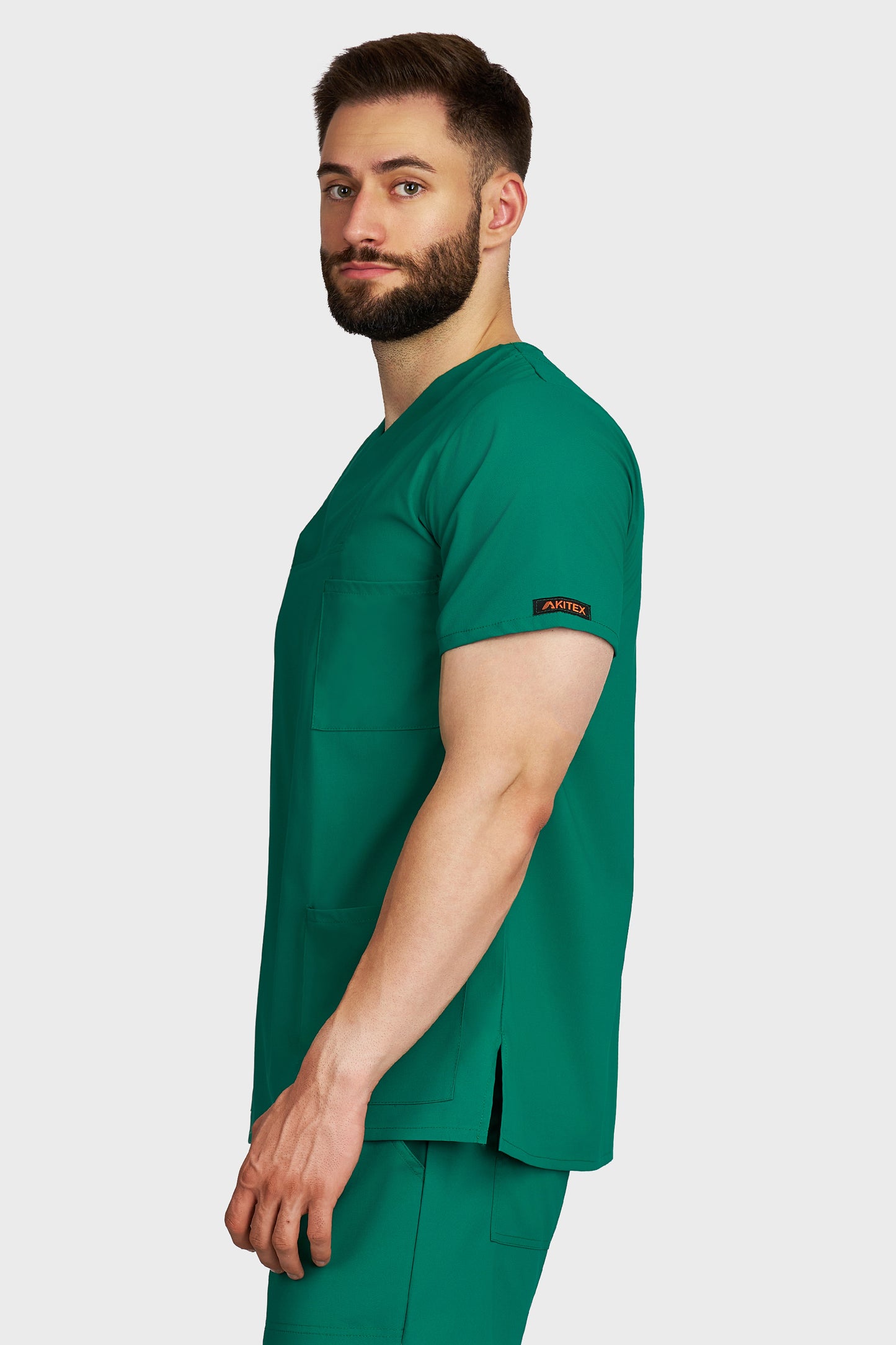 Bluza medicala barbati Victoria verde stretch - vedere laterala - AKITEX