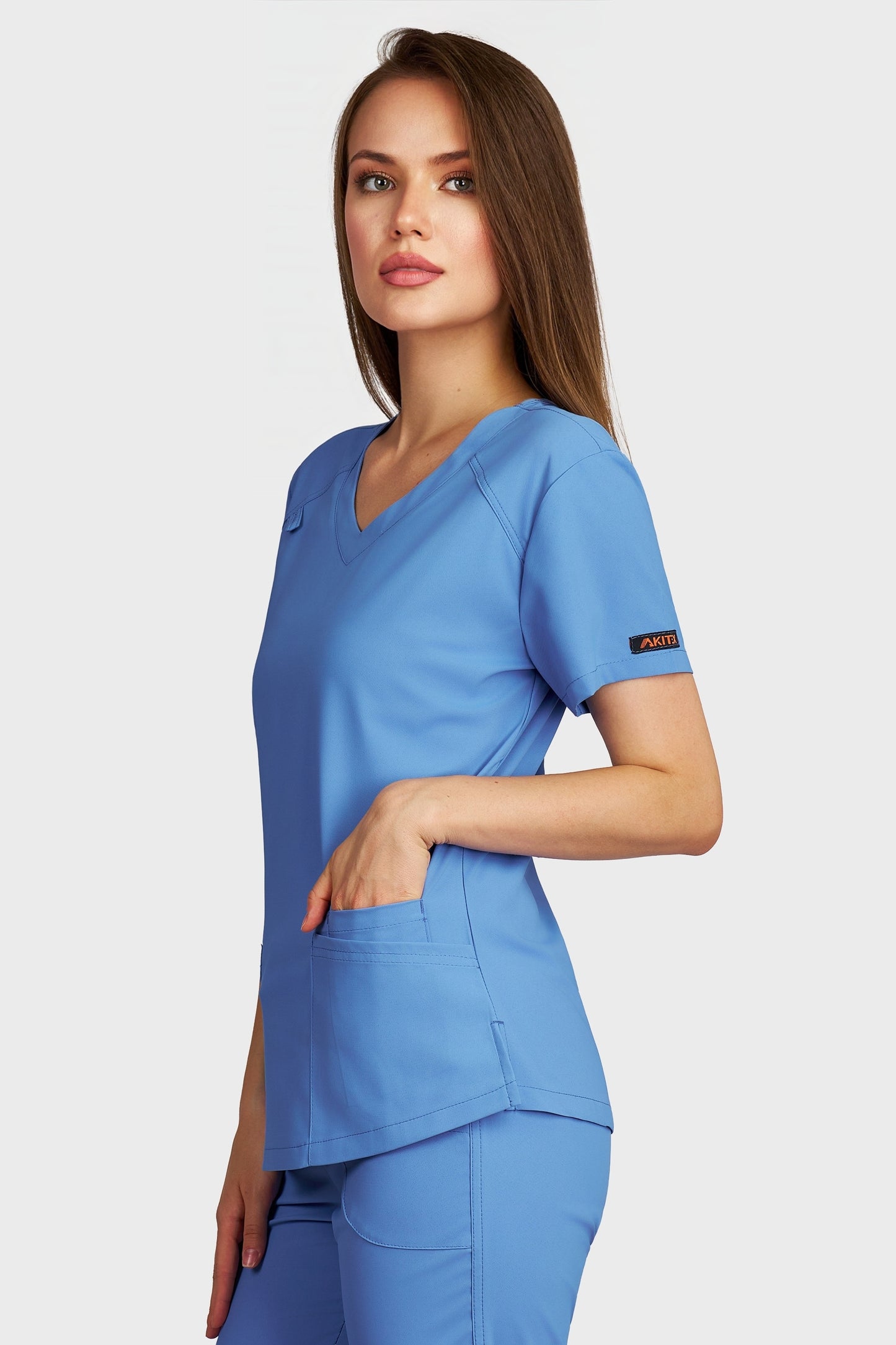 Bluza medicala femei Carmen albastru azur stretch - vedere laterala - AKITEX