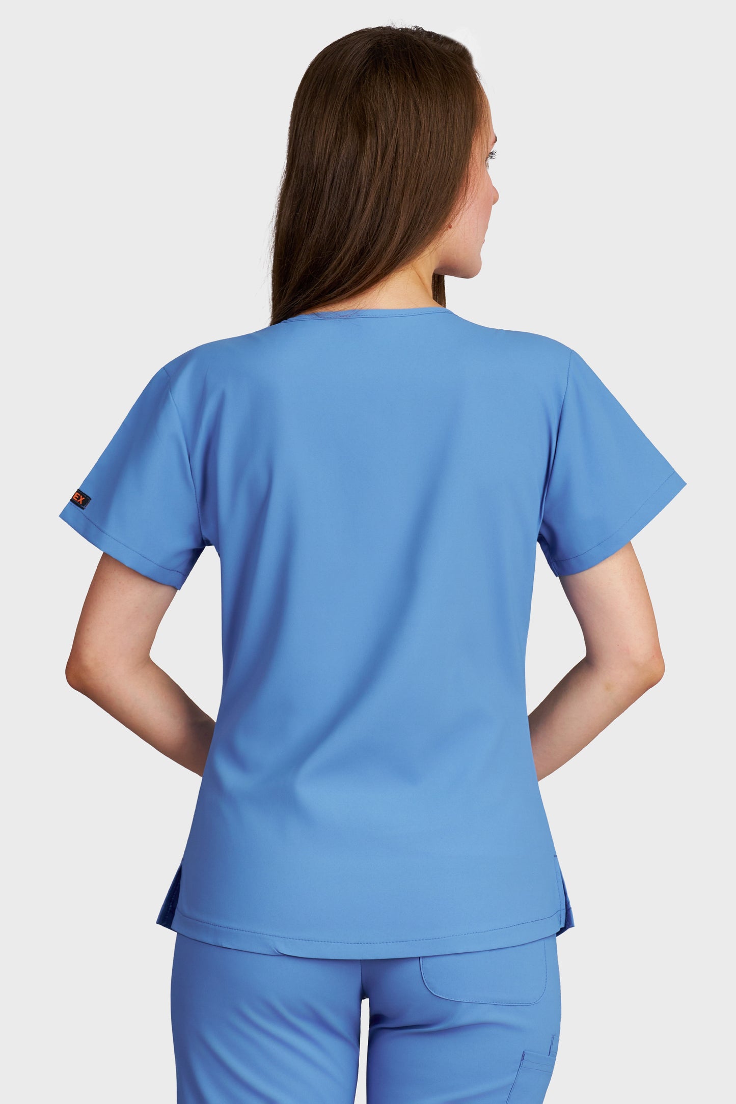 Bluza medicala femei Carmen albastru azur stretch - vedere din spate - AKITEX