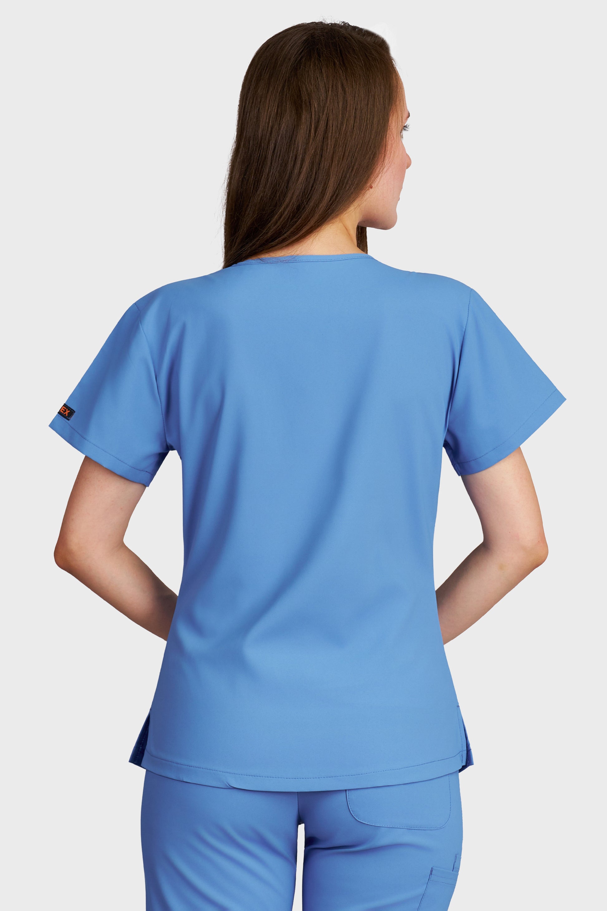 Bluza medicala femei Carmen albastru azur stretch - vedere din spate - AKITEX