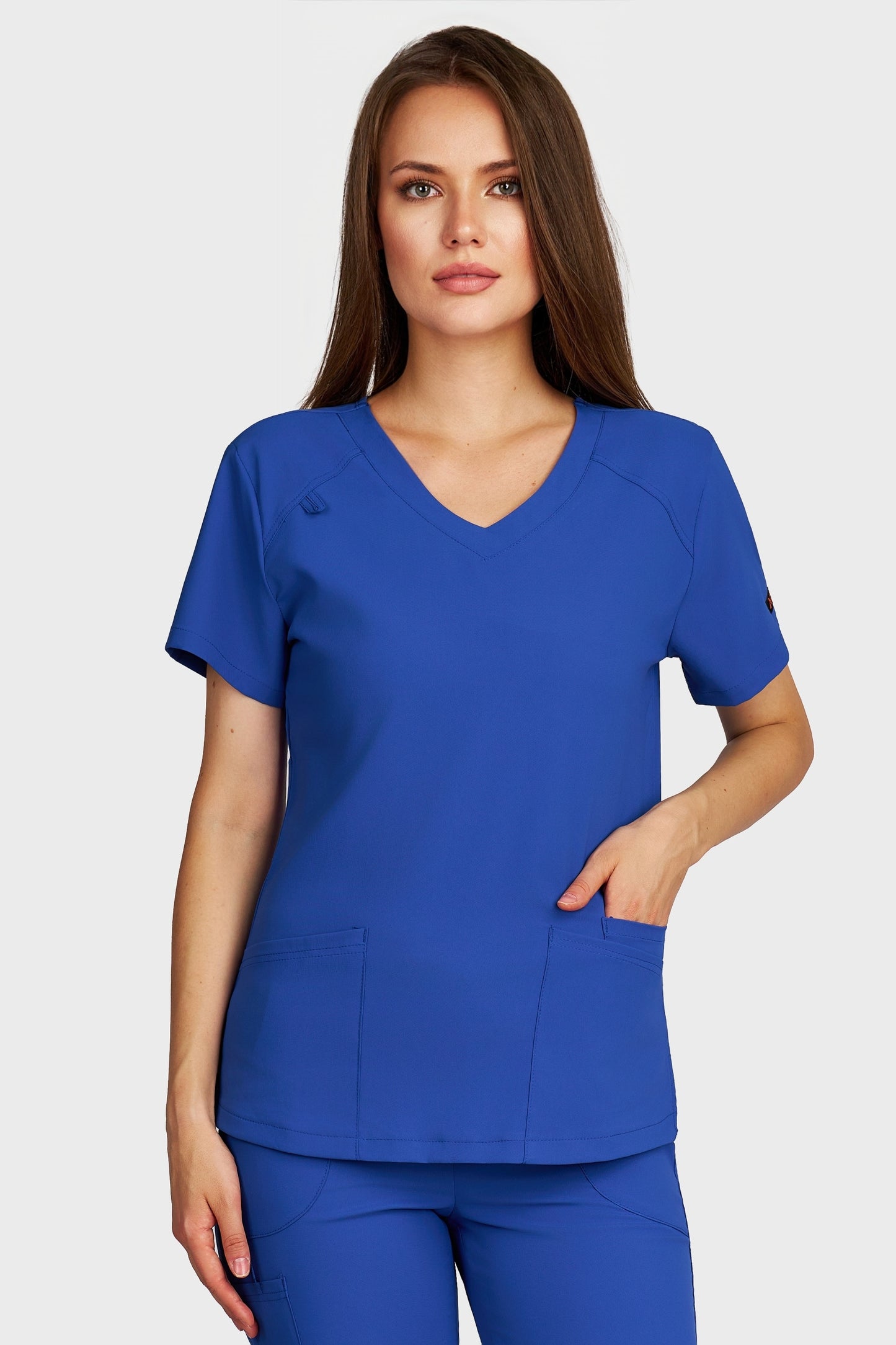 Bluza medicala femei Carmen albastru royal stretch - vedere din fata - AKITEX
