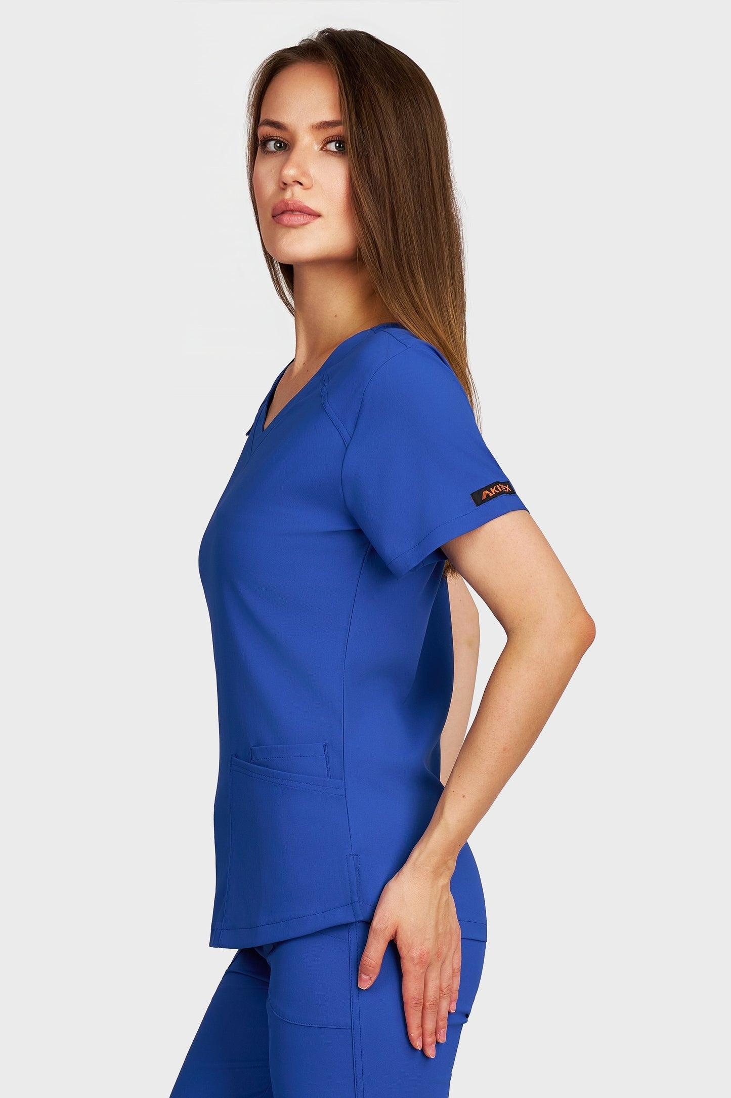 Bluza medicala femei Carmen albastru royal stretch - vedere laterala - AKITEX
