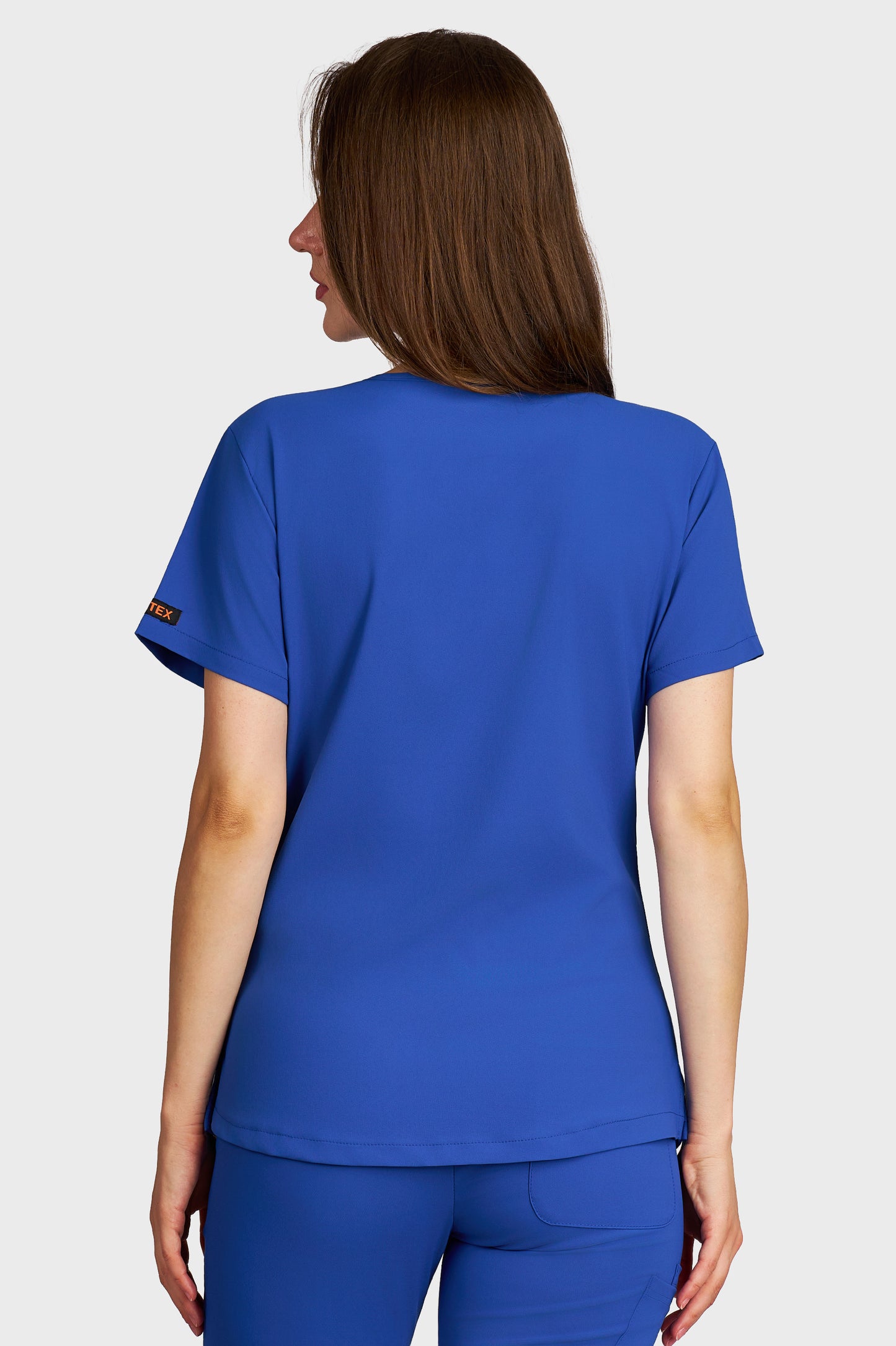 Bluza medicala femei Carmen albastru royal stretch - vedere din spate - AKITEX