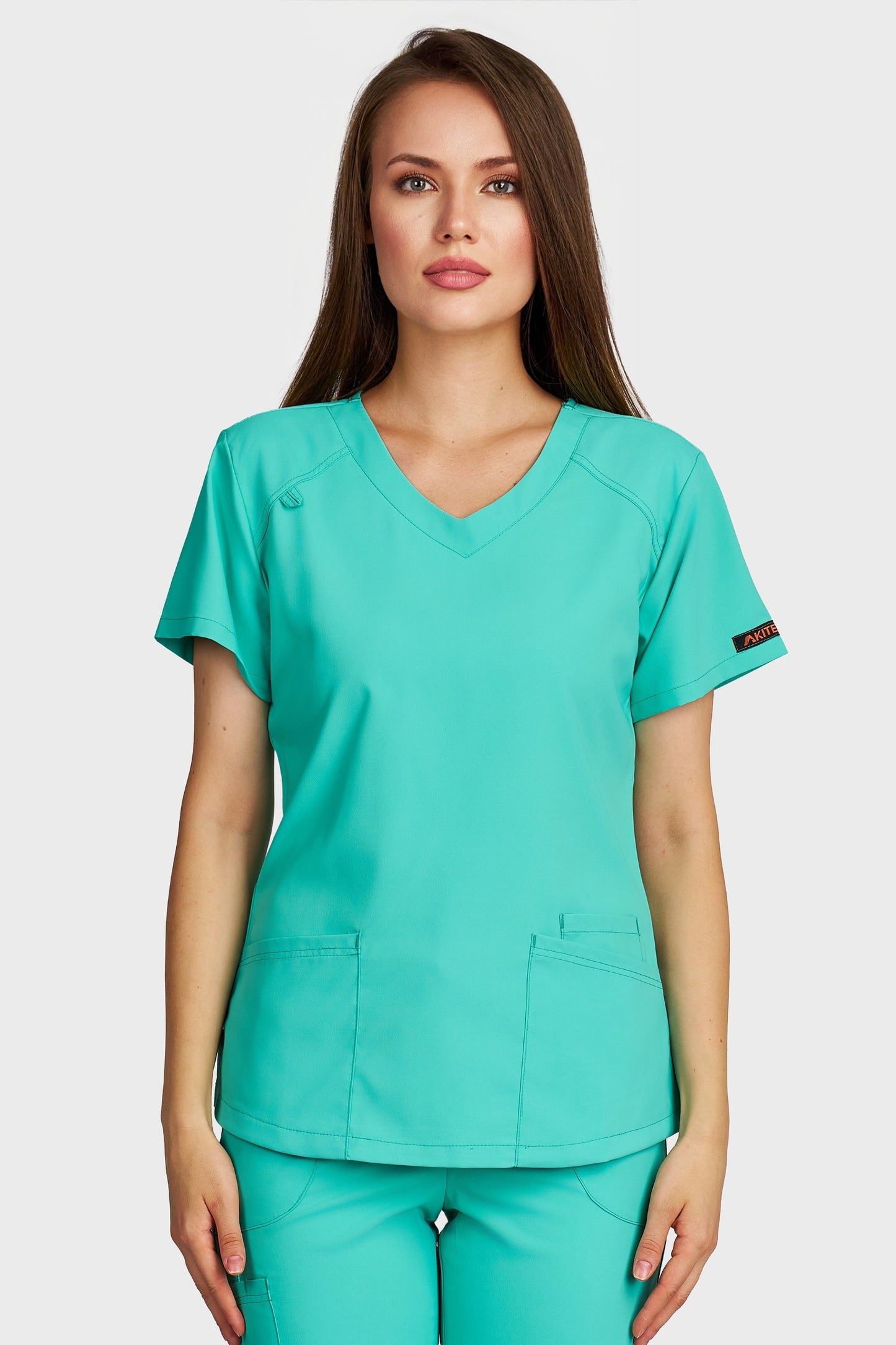 Bluza medicala femei Carmen menta stretch - vedere din fata - AKITEX