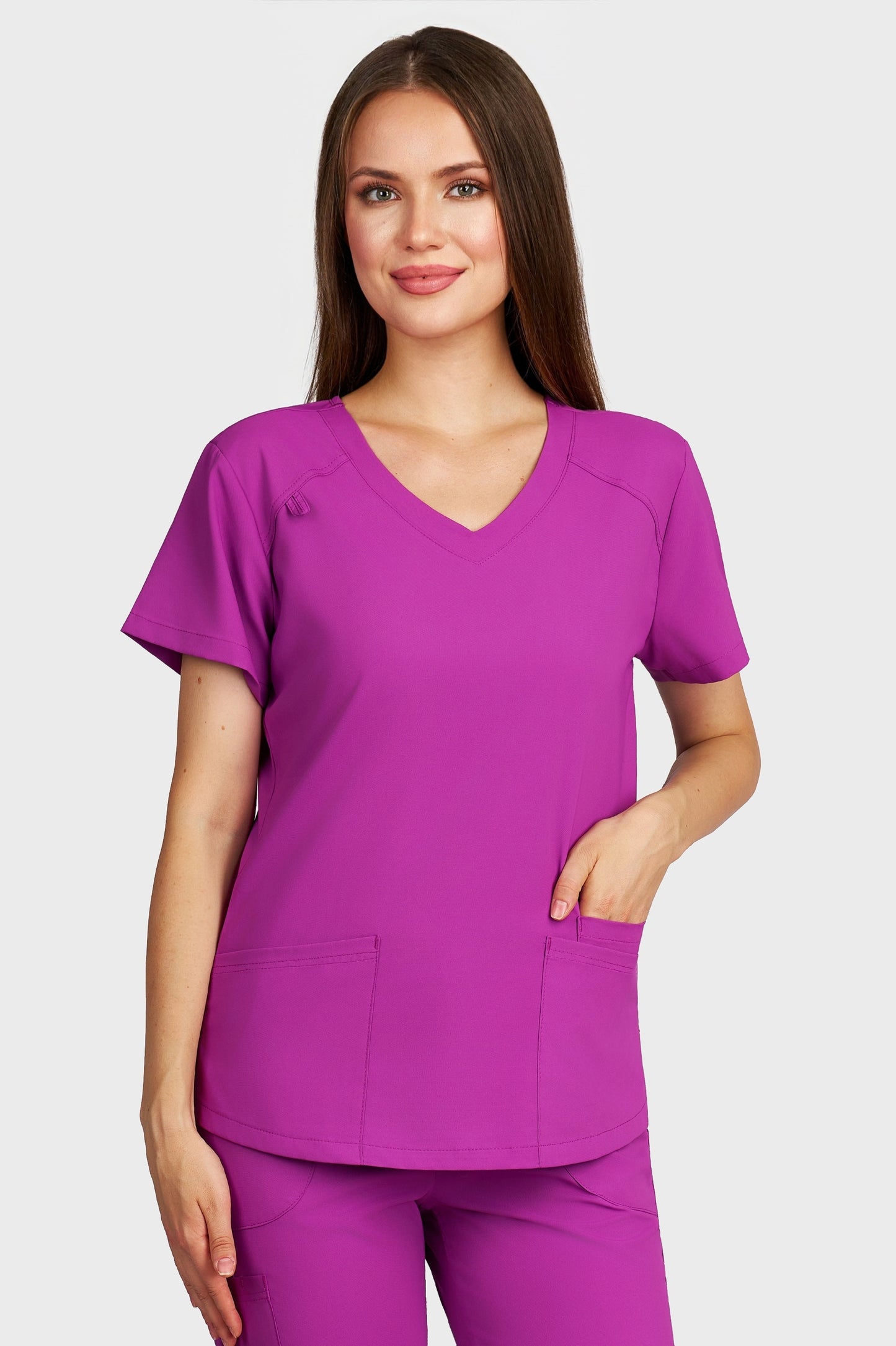 Bluza medicala femei Carmen mov stretch - vedere din fata - AKITEX